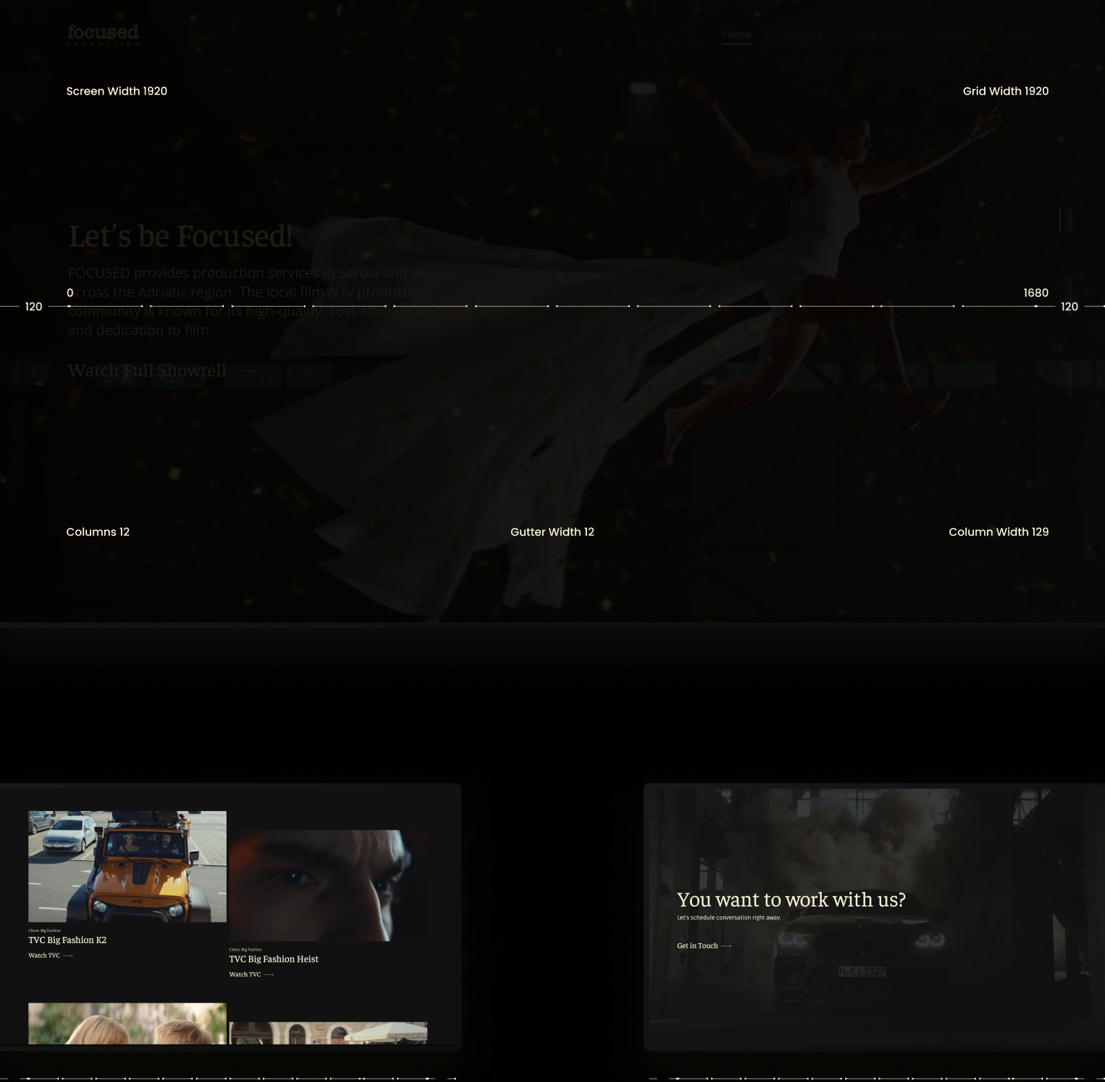 The 12 column layout grid over the Focused Production home page, with a work grid and a call to action section