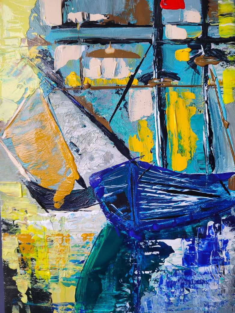 Colorful abstract painting by Dragana Stanković in blue, yellow and teal