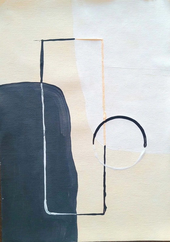 Abstract painting by Dragana Stanković, a black arch and a frame line on cream and sand