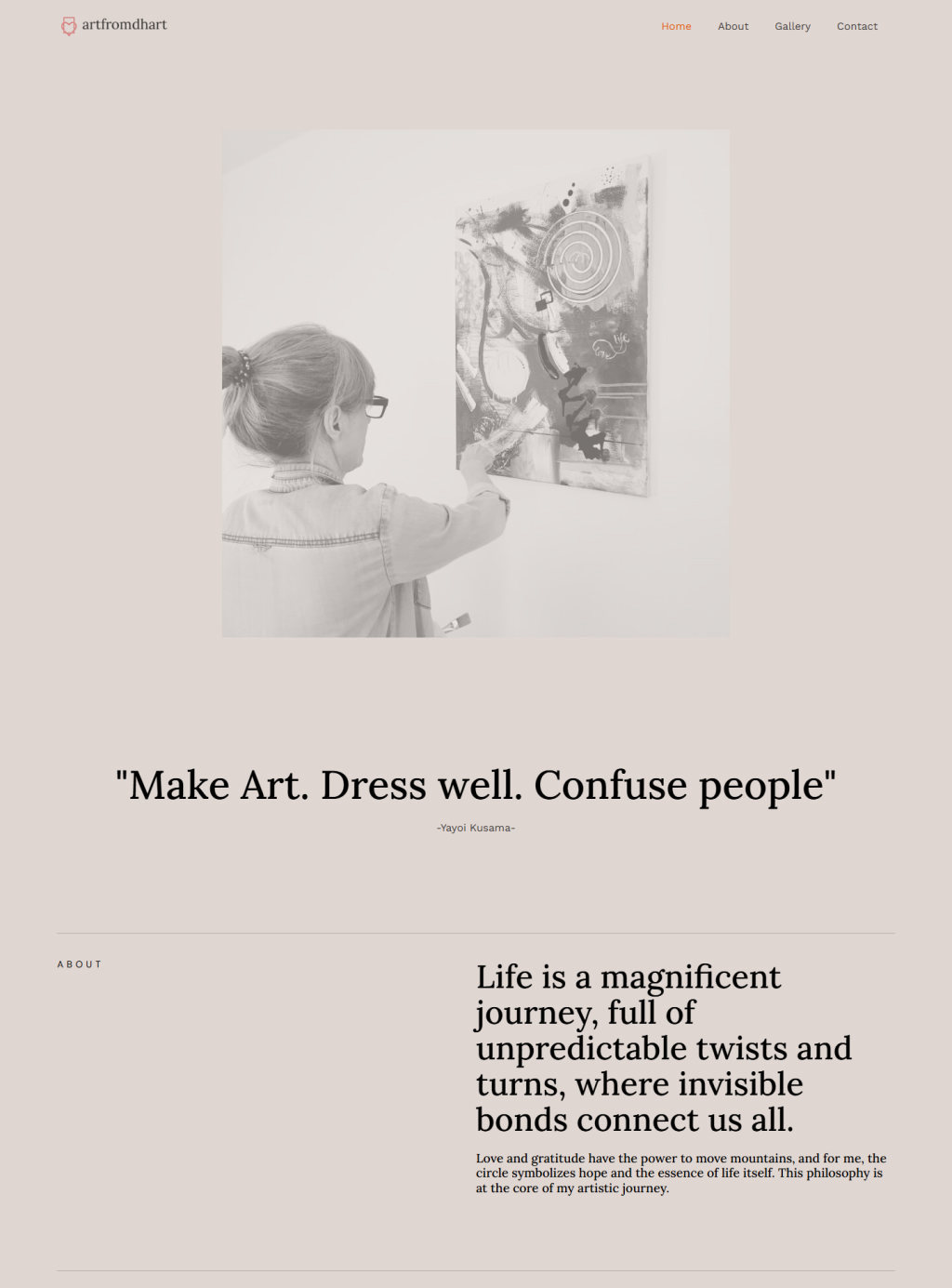 Artfromdhart home page, first third: the quote, the photograph and About