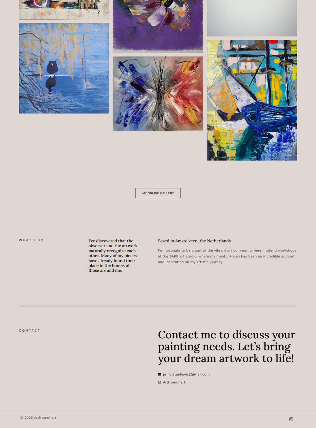 Artfromdhart home page, last third: the gallery link, What I do and Contact
