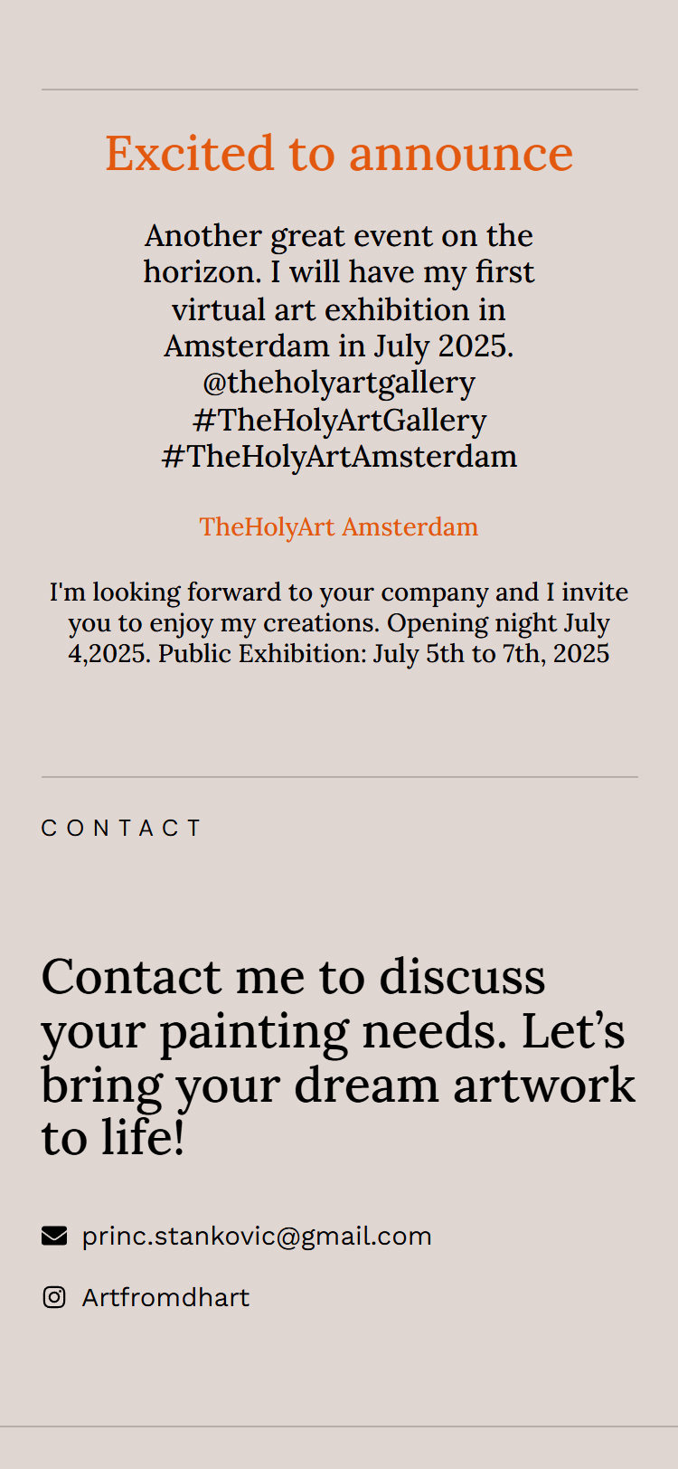 An exhibition announcement on the home page, on a phone