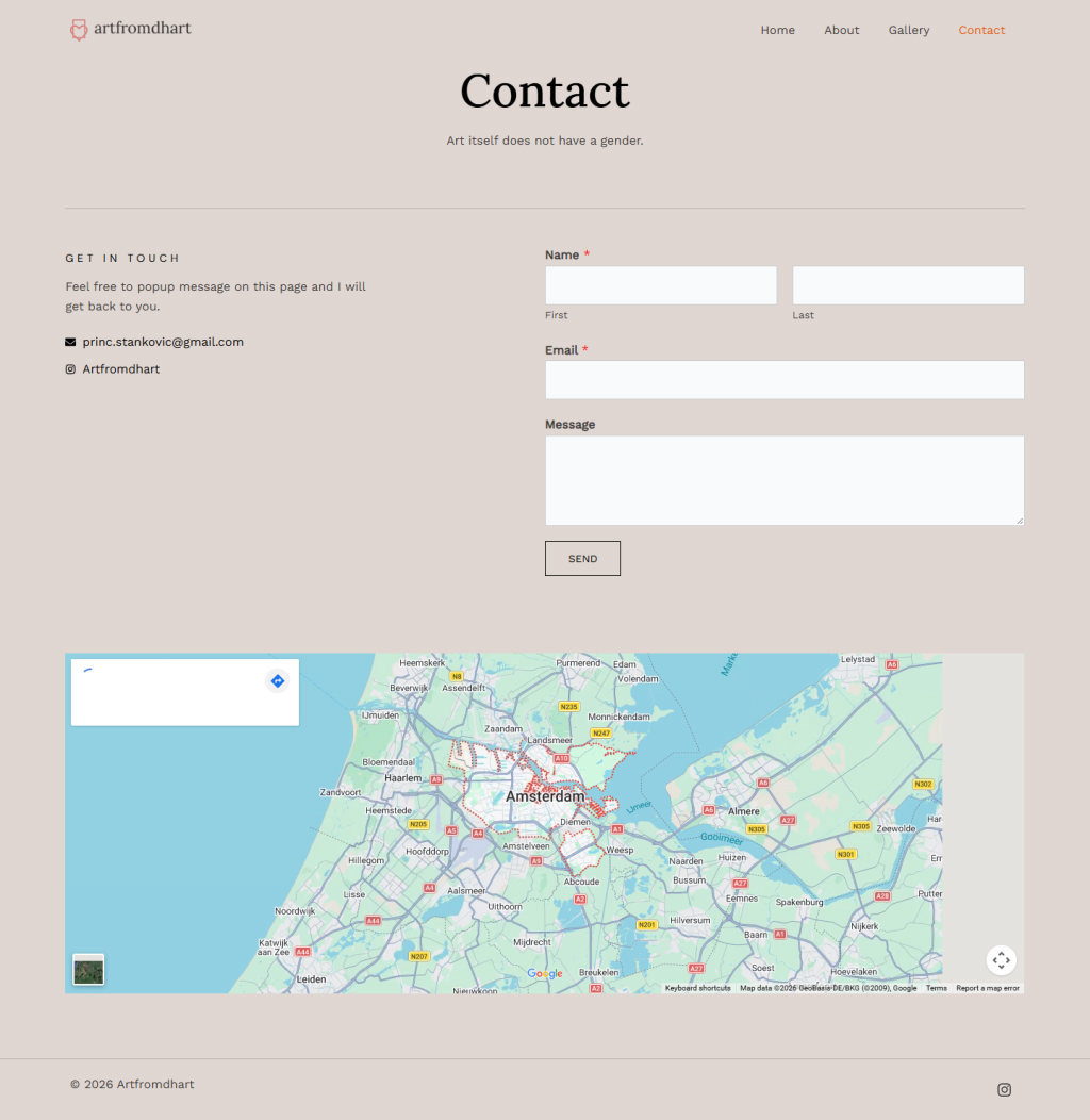 Artfromdhart Contact page, full length