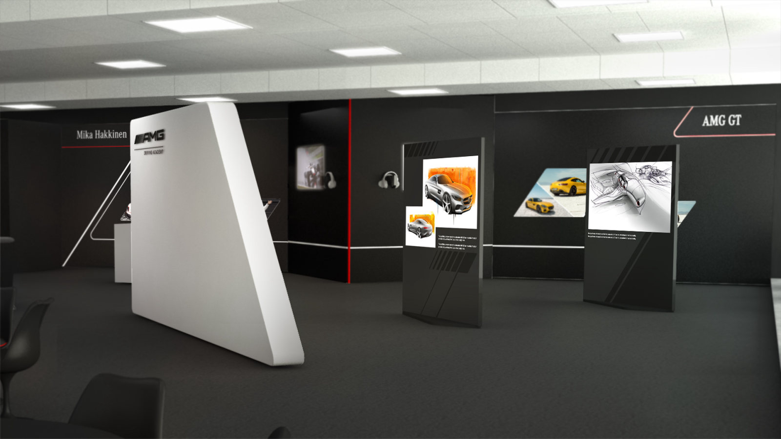 2015 event space, 3D render: Mika Häkkinen and AMG GT