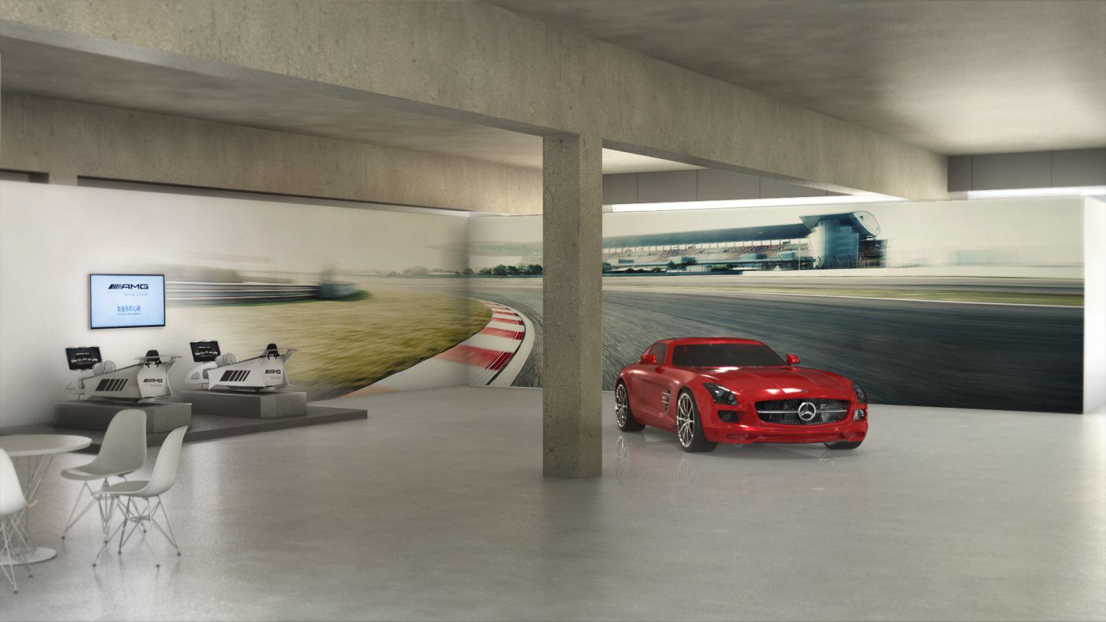 2015 event space, 3D render: AMG GT and simulators