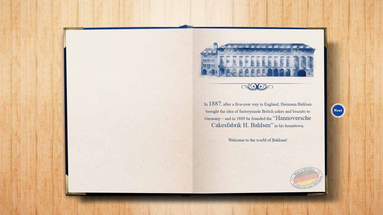 The Book of Bahlsen, open on the 1887 page with a drawing of the Bahlsen building in Hanover