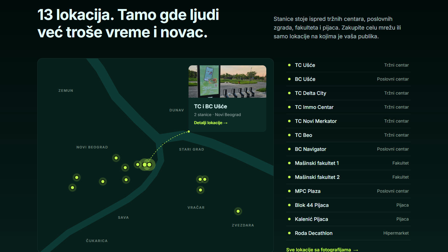 The locations section of the home page: a map of Belgrade with every station, and the list of 13 locations