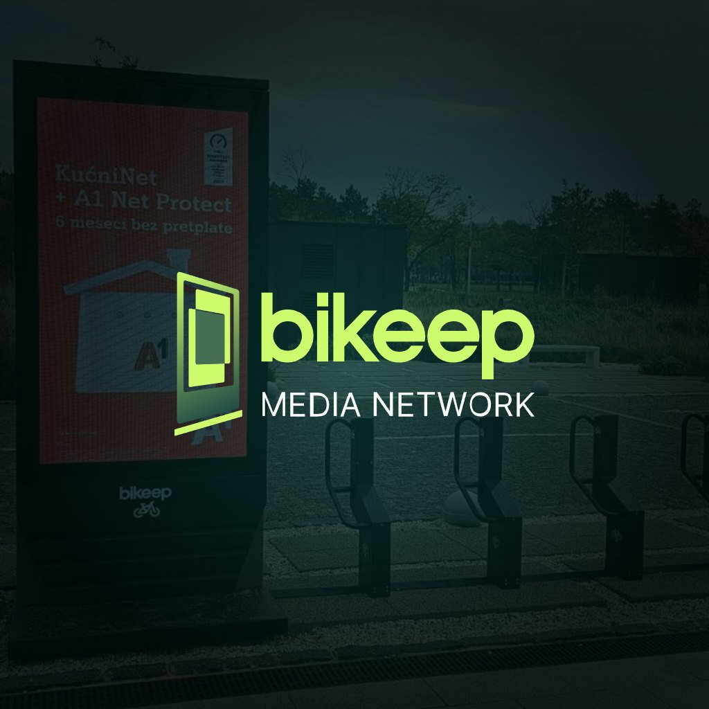 Bikeep Media Network logo over a Bikeep station in Belgrade