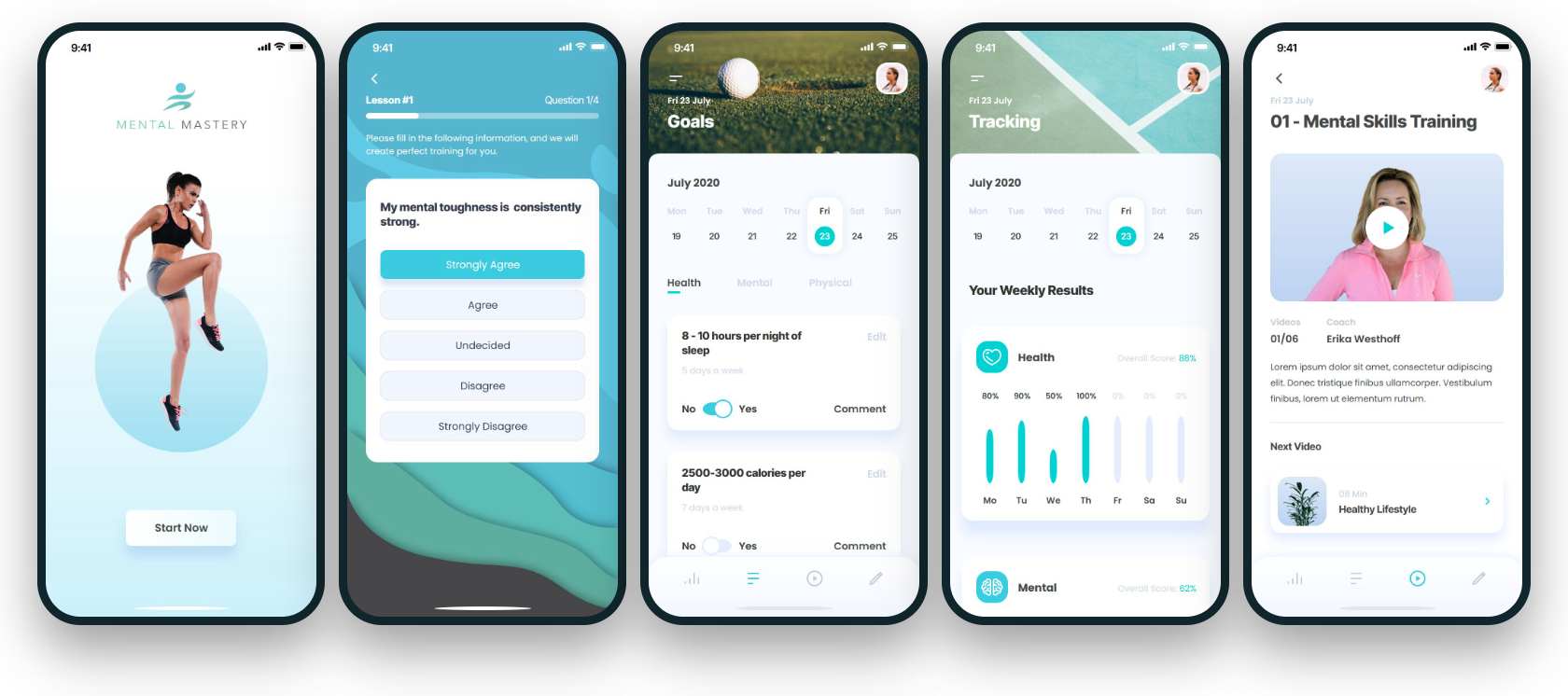 Mental Mastery app: start, an assessment question, health goals, weekly results and a video lesson