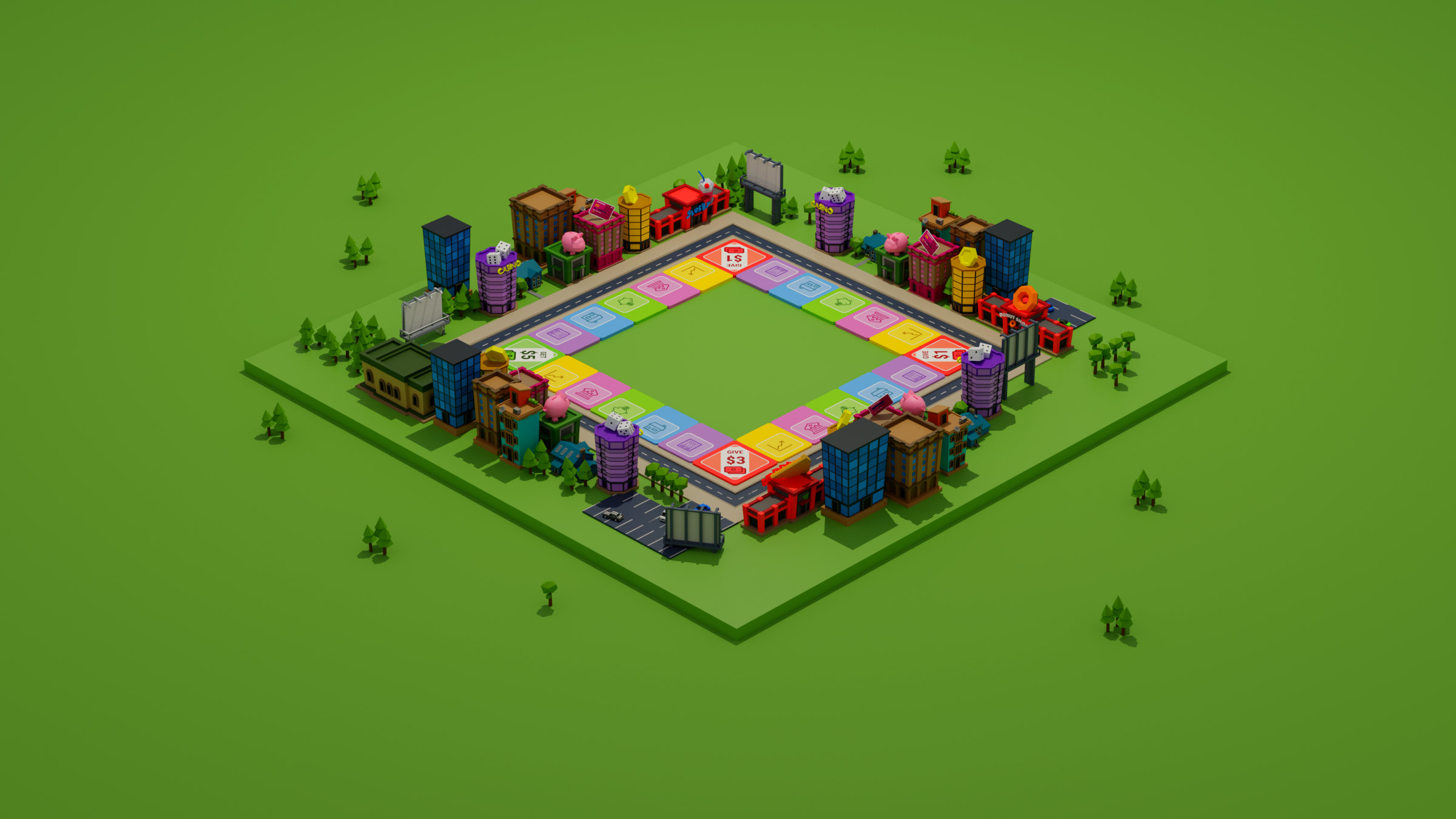 The 3D Give Get board: a small city with a road around it