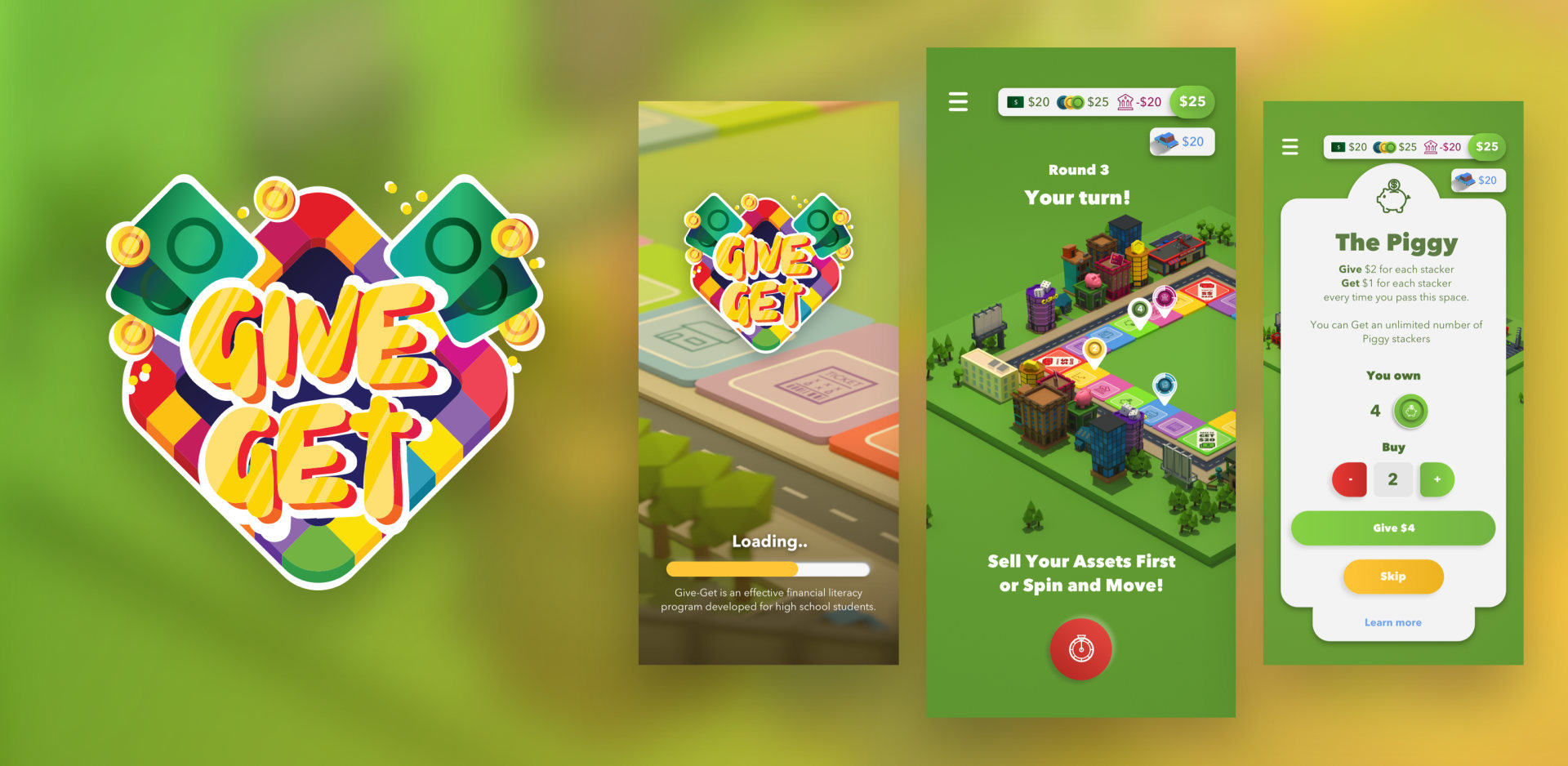 Give Get store feature graphic: the game logo and three game screens