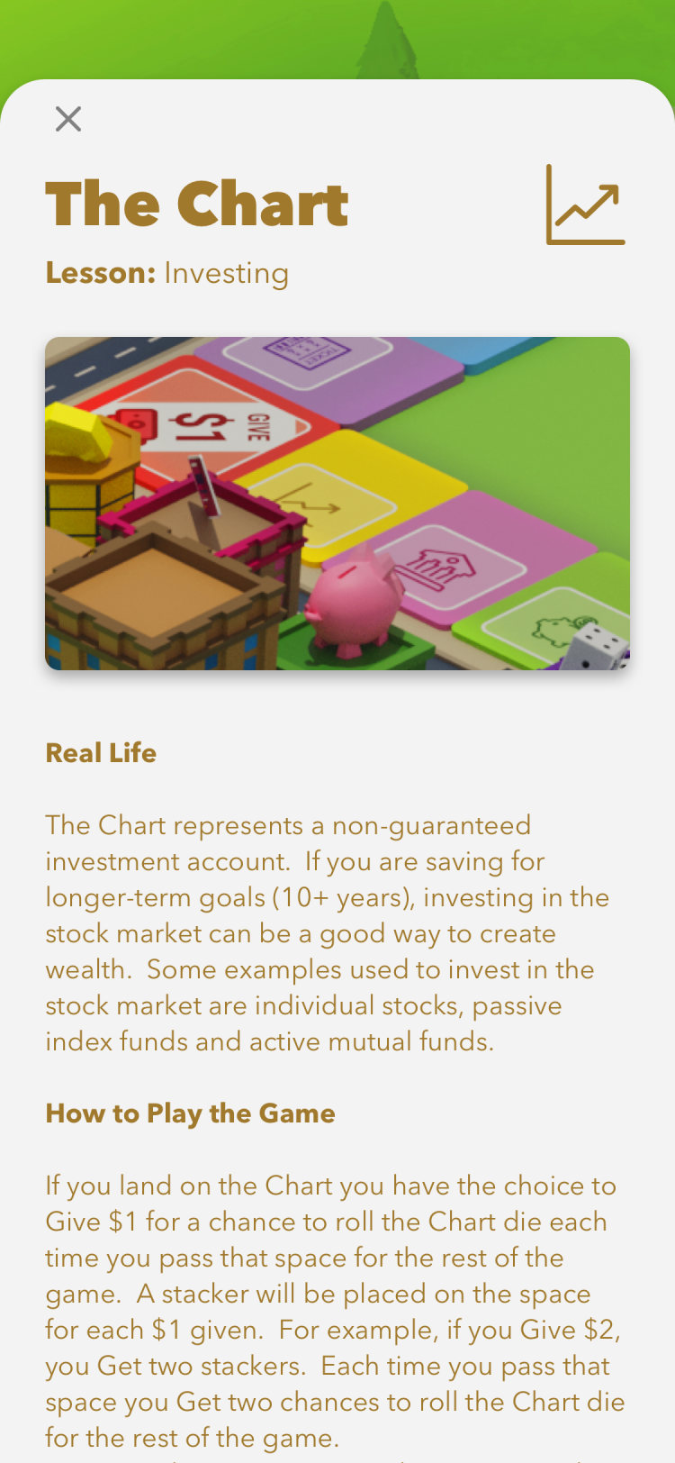Lesson screen: The Chart, investing