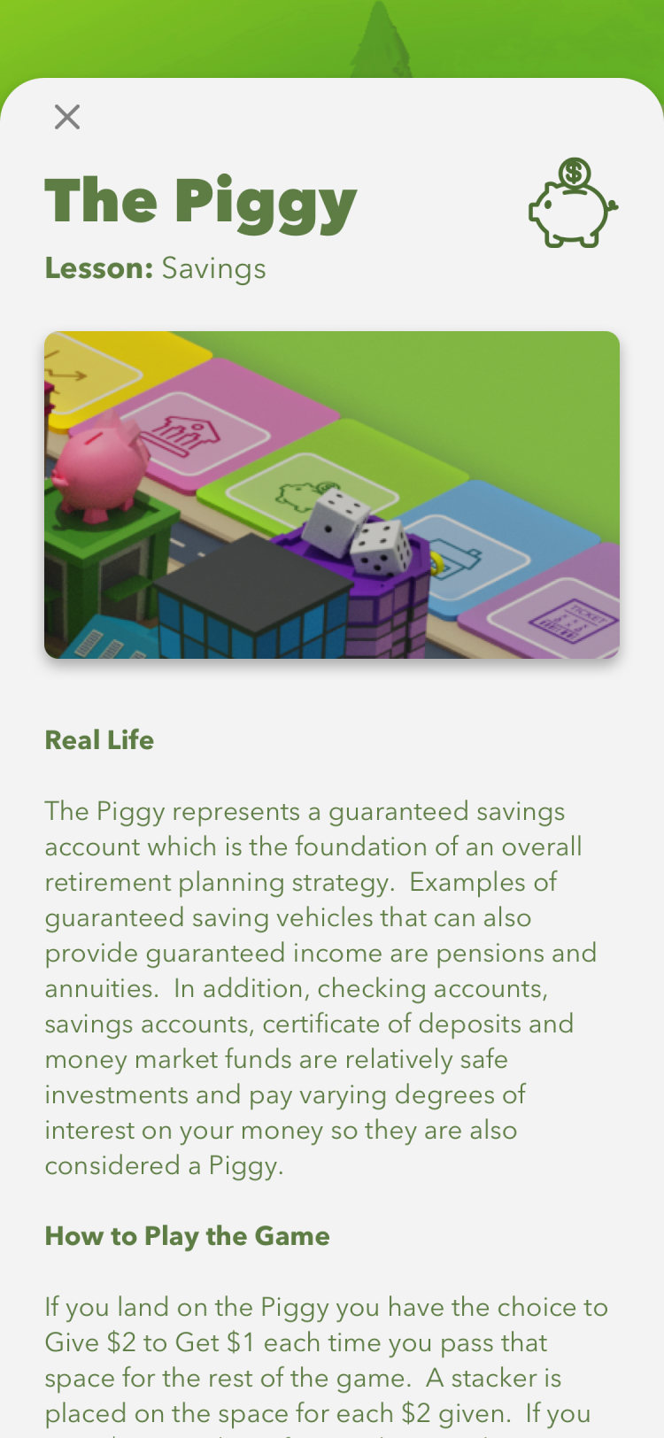 Lesson screen: The Piggy, saving