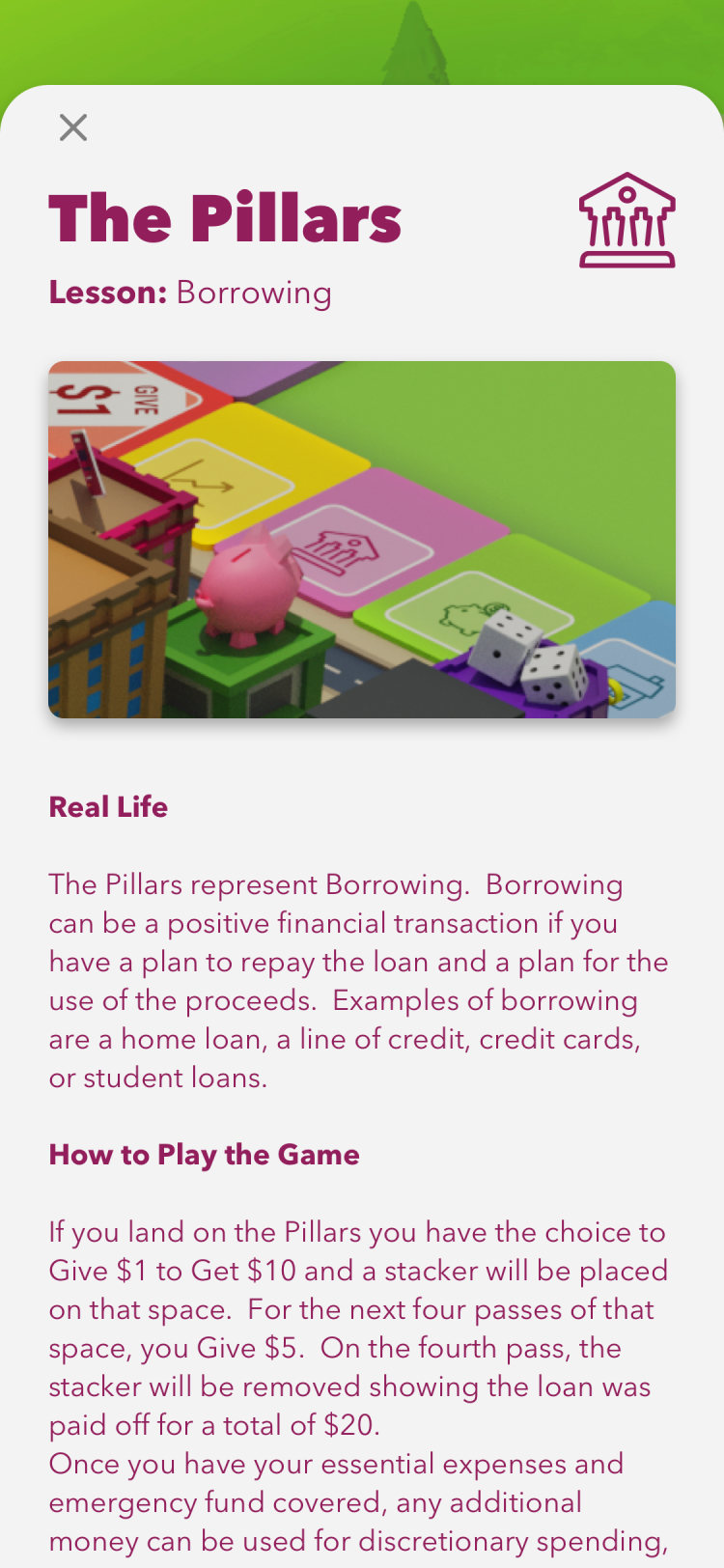Lesson screen: The Pillars, borrowing