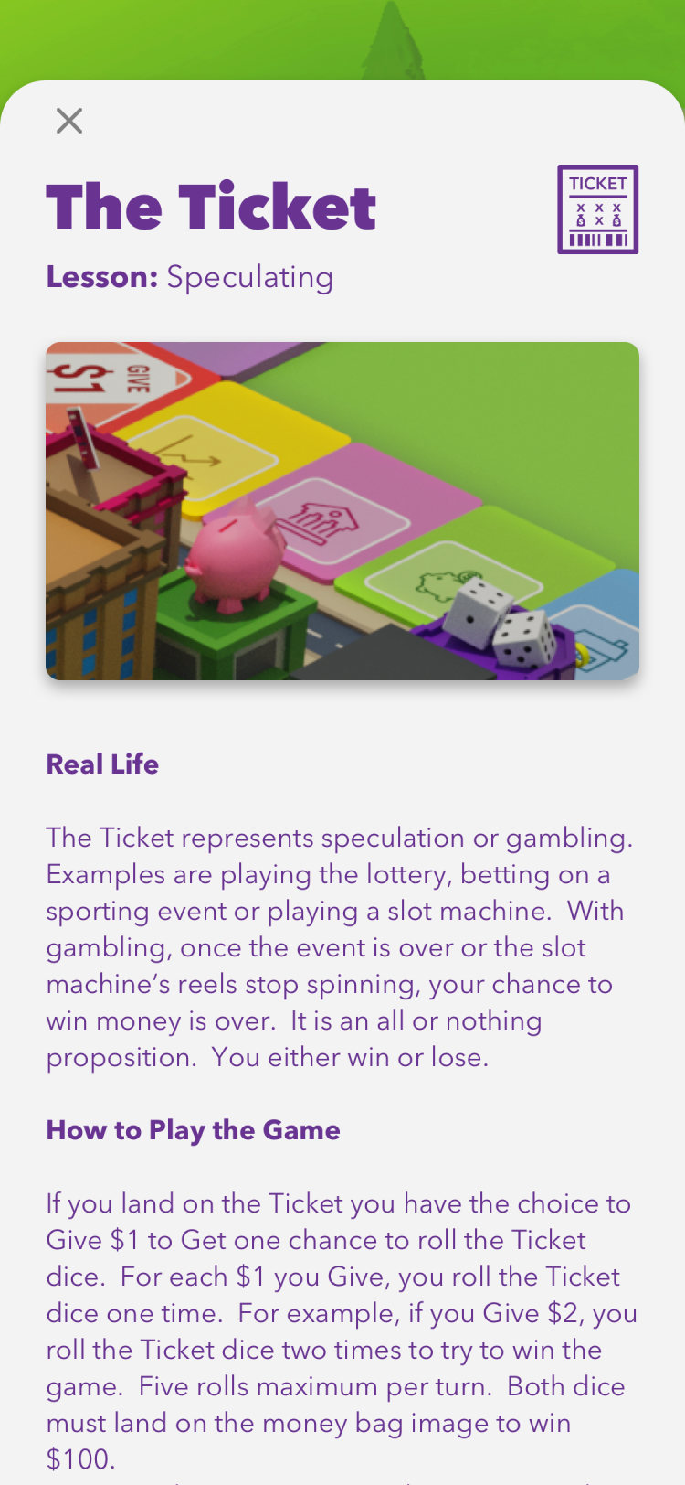 Lesson screen: The Ticket, speculating