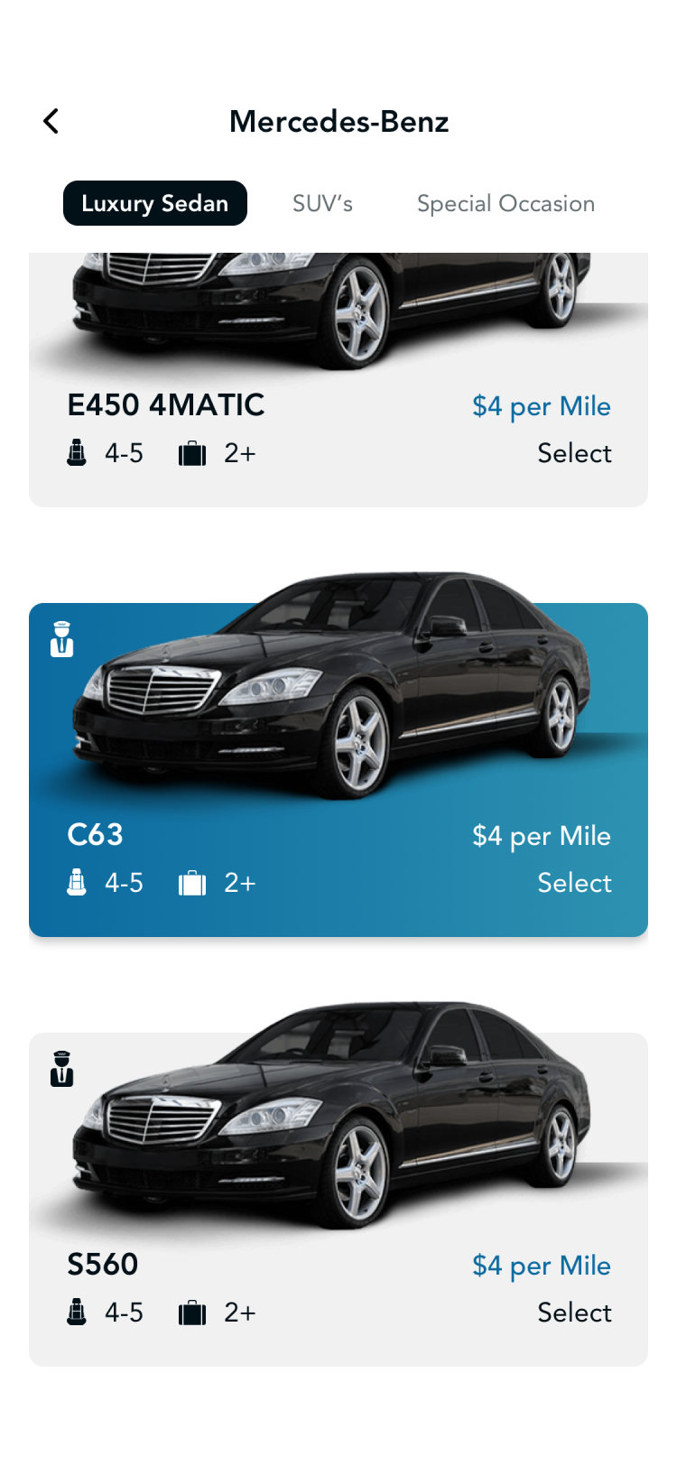 Glyde passenger app: choosing the car