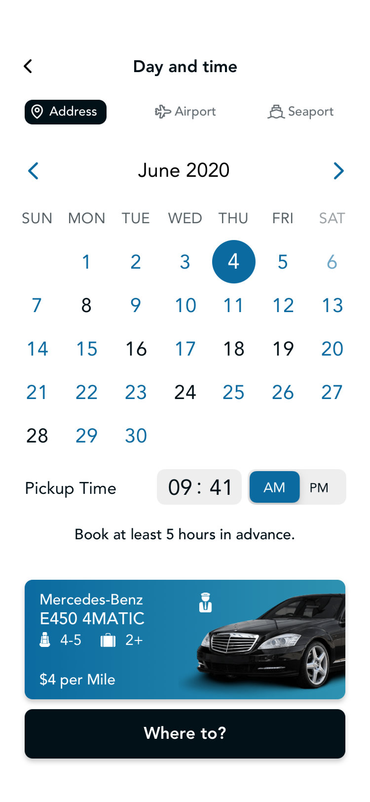 Glyde passenger app: day and time