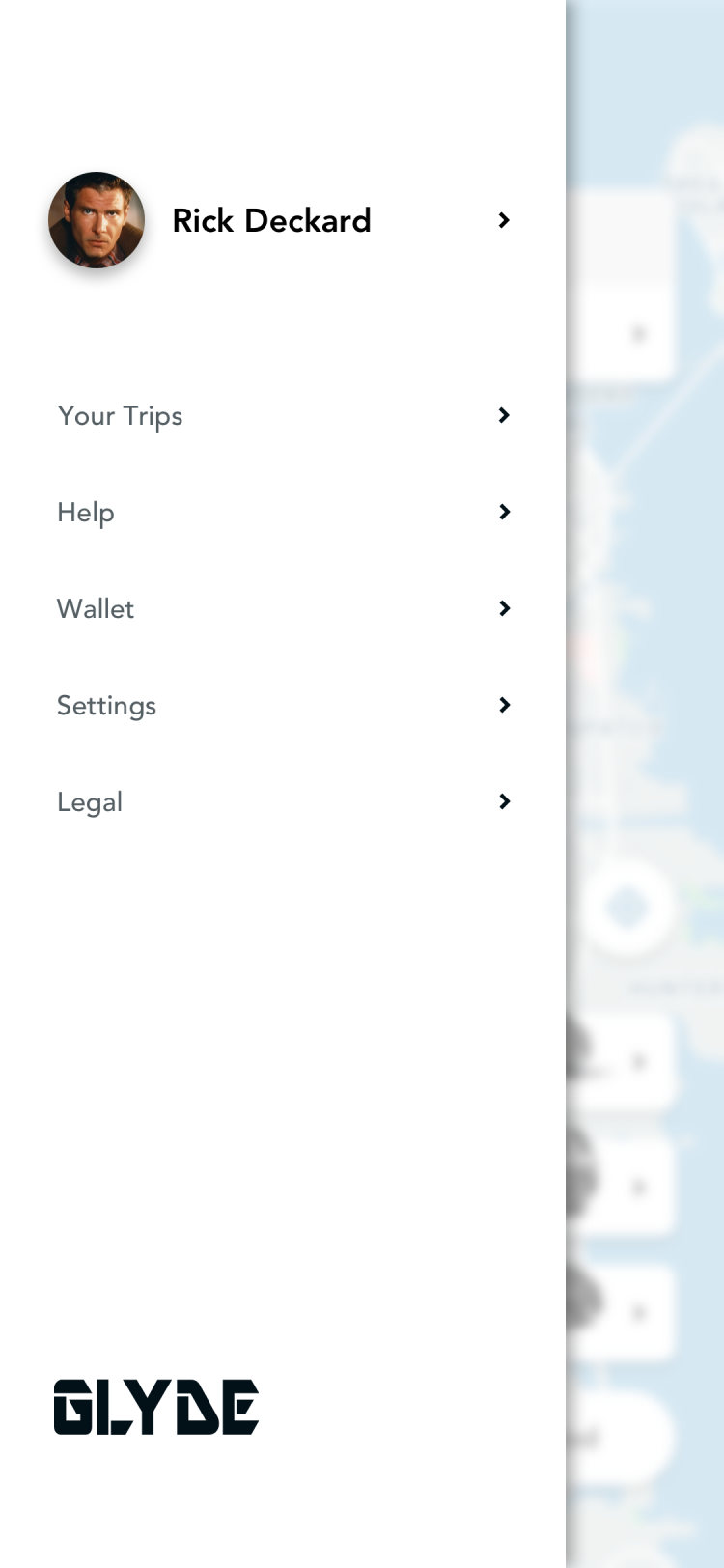 Glyde passenger app: menu