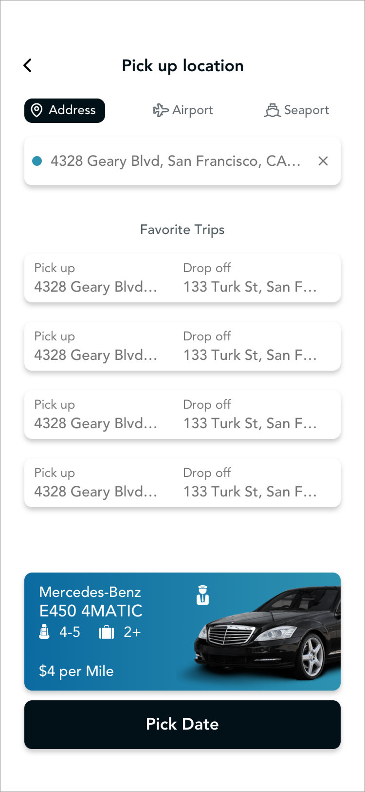 Glyde passenger app: pickup location