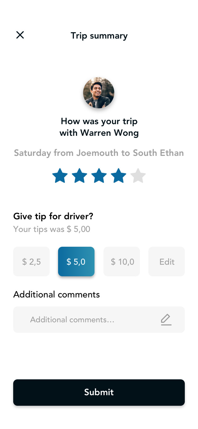 Glyde passenger app: rating the ride