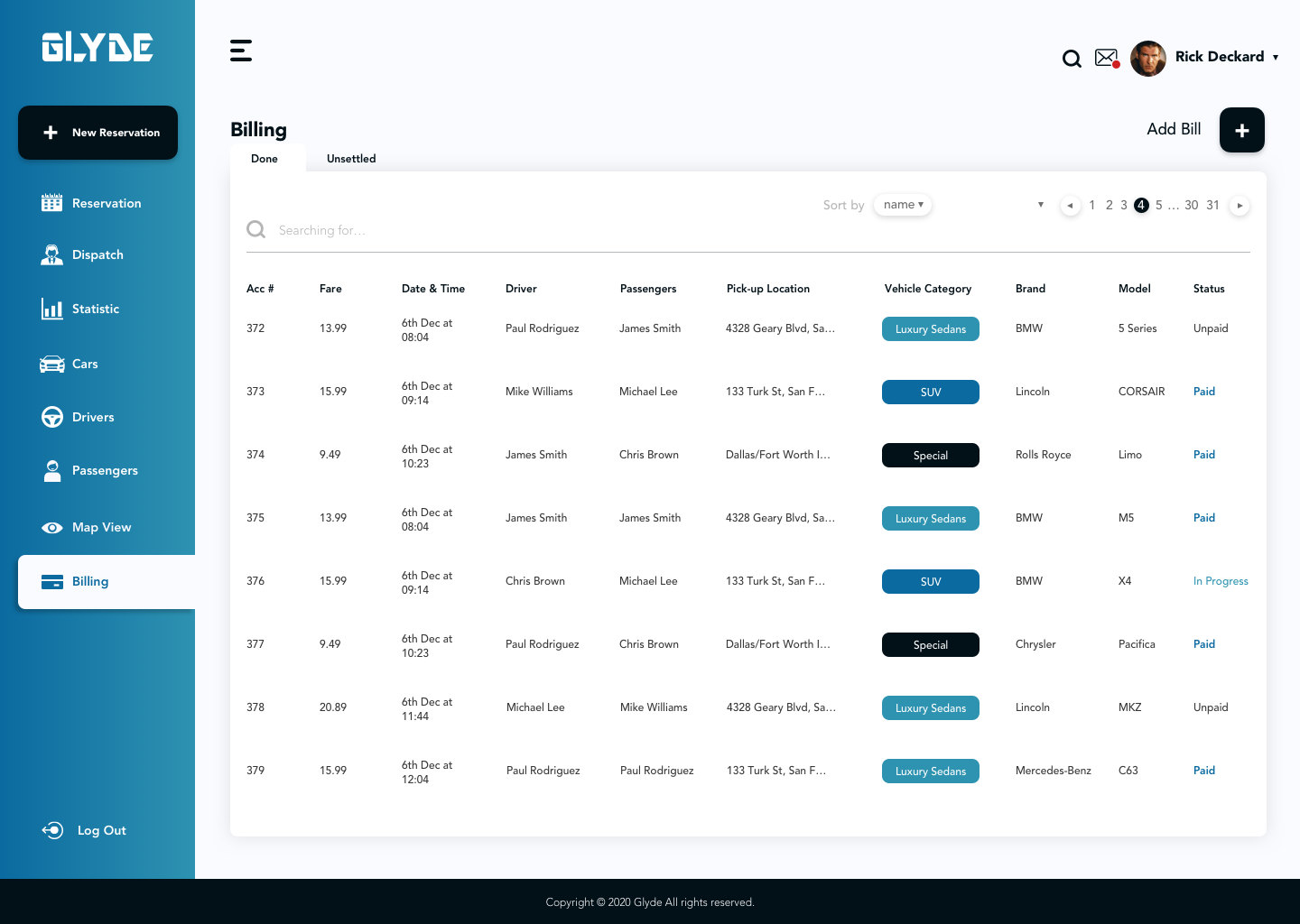 Glyde dispatch web app: billing