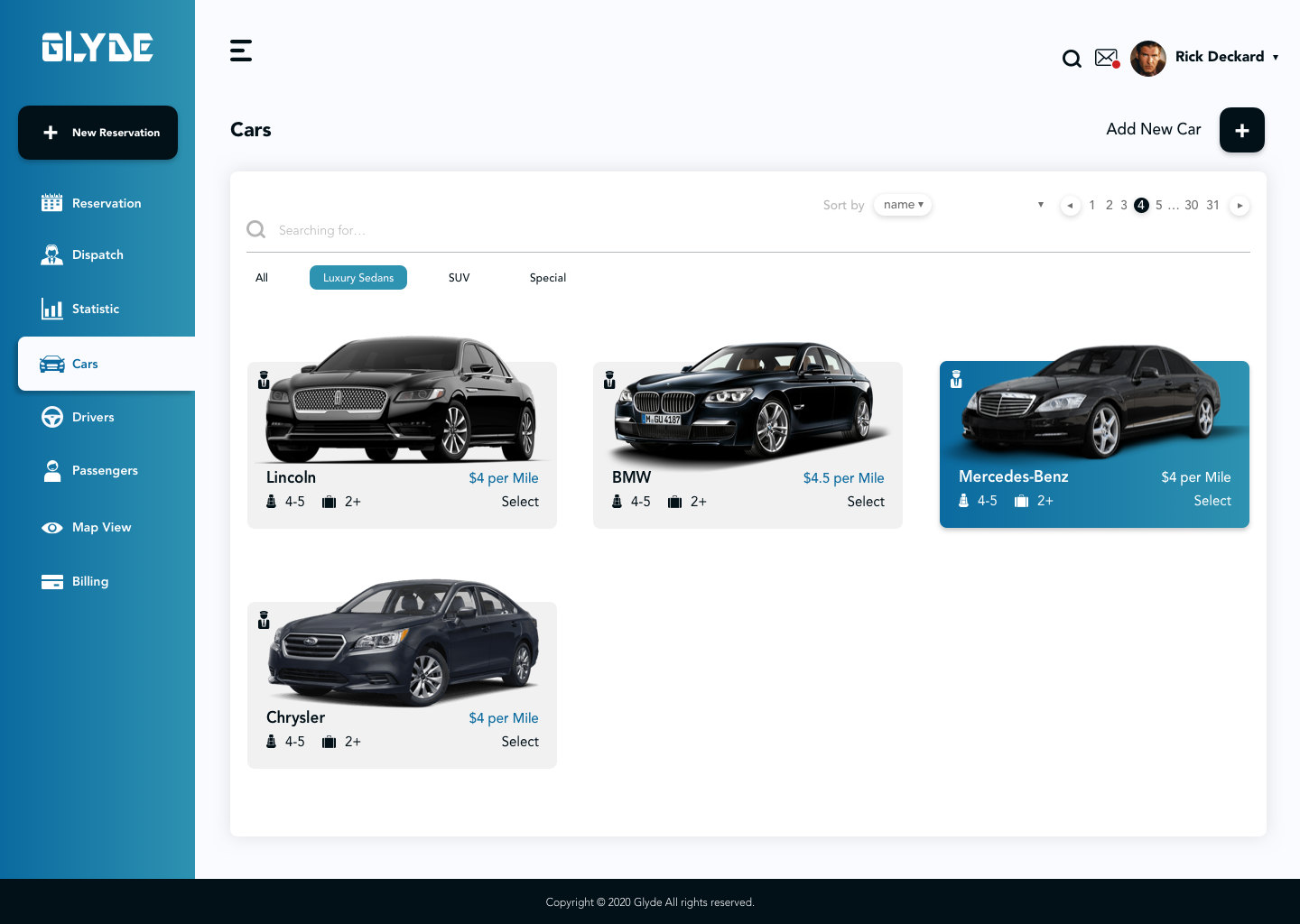 Glyde dispatch web app: cars