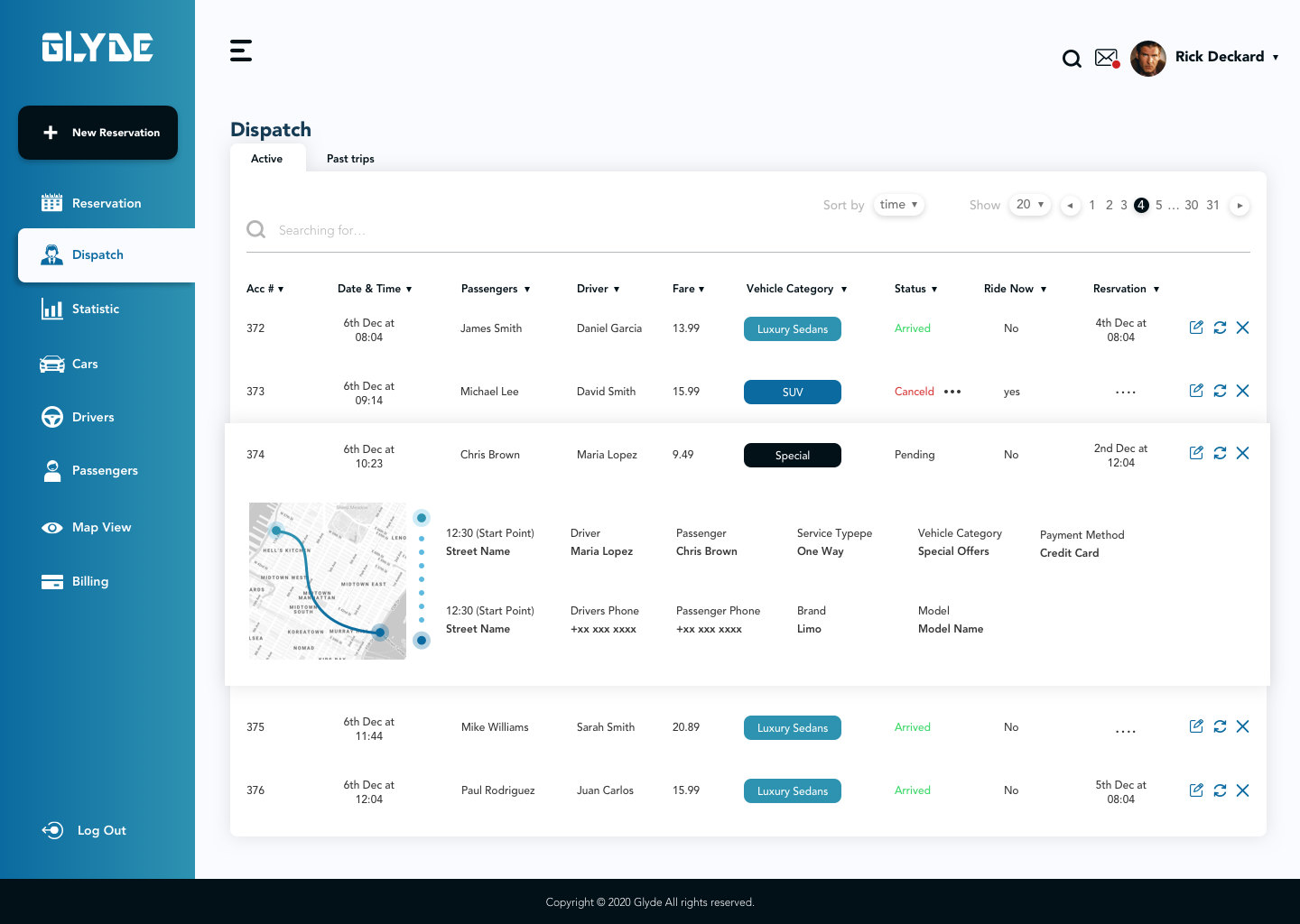 Glyde dispatch web app: the dispatch screen with a live route and today&rsquo;s trips