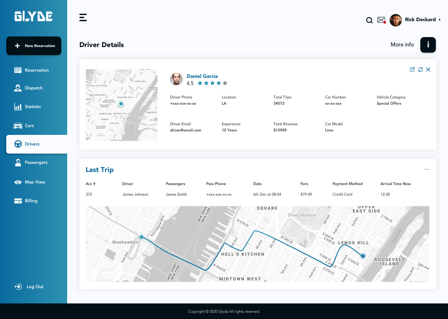 Glyde dispatch web app: driver details