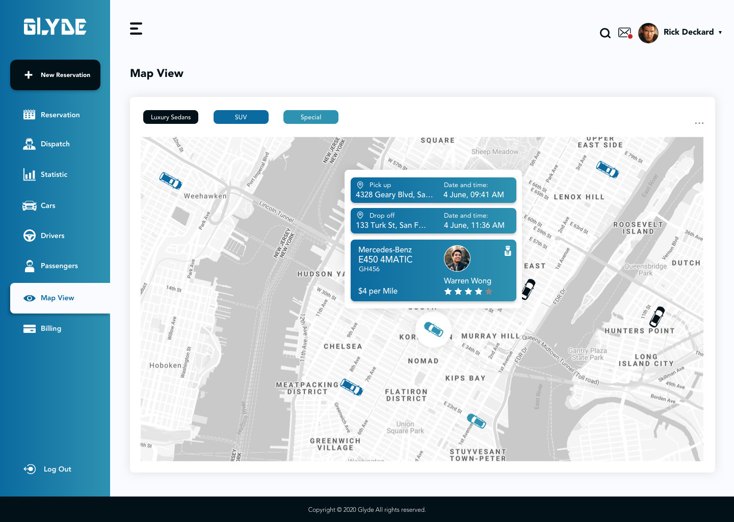 Glyde dispatch web app: map view