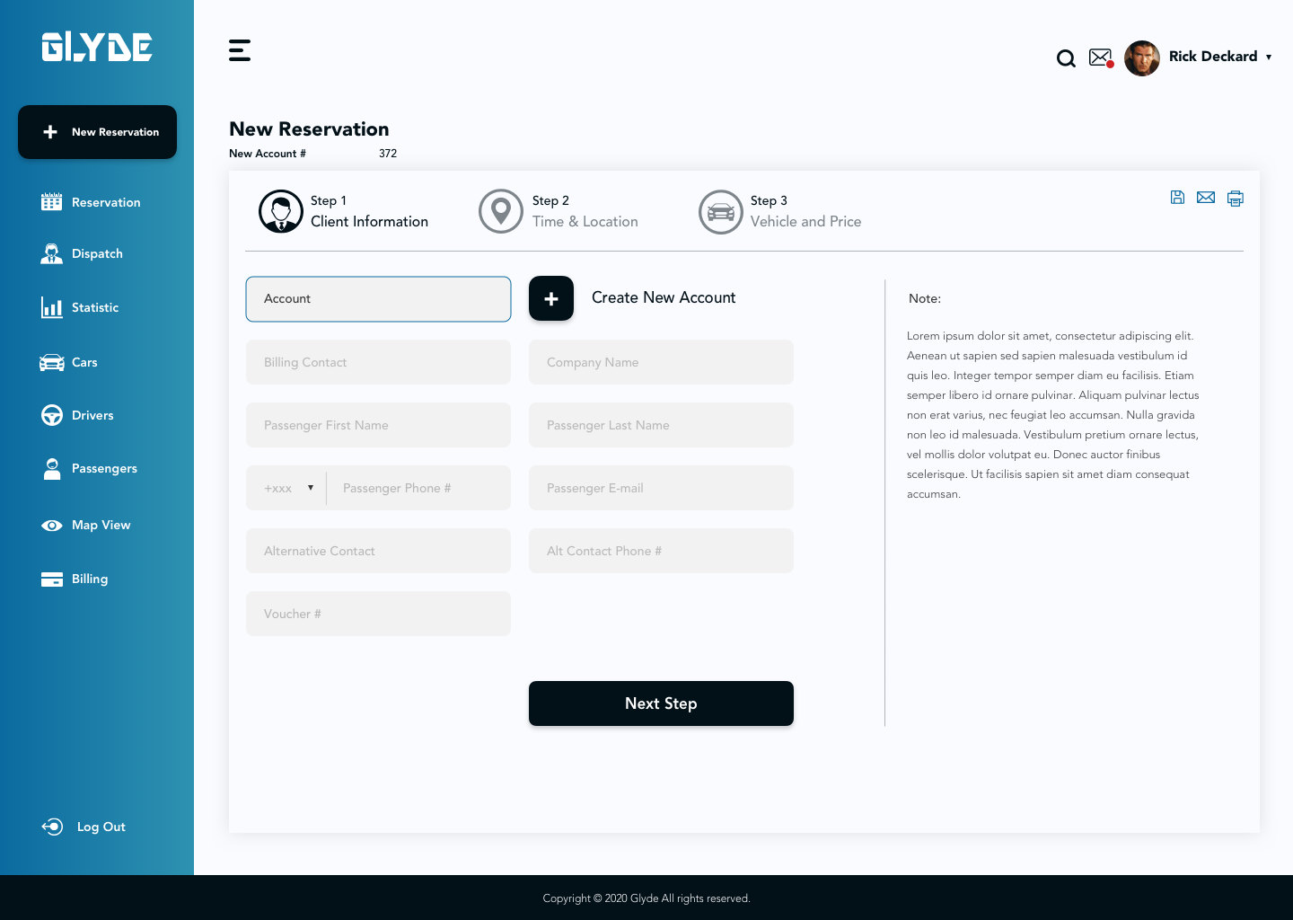 Glyde dispatch web app: new reservation