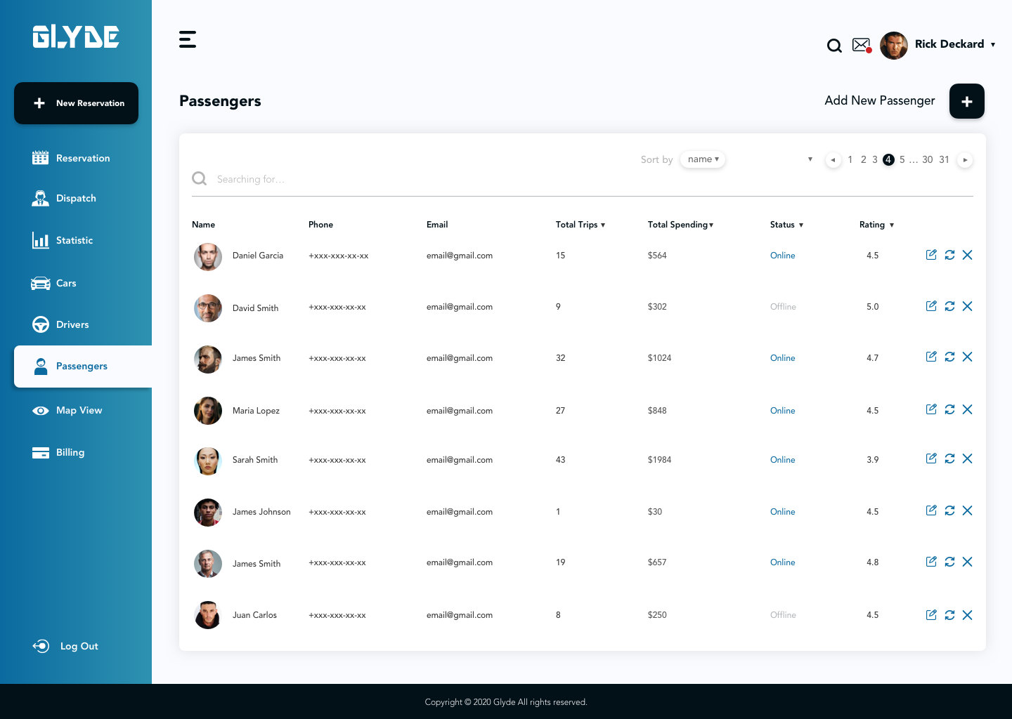 Glyde dispatch web app: passengers