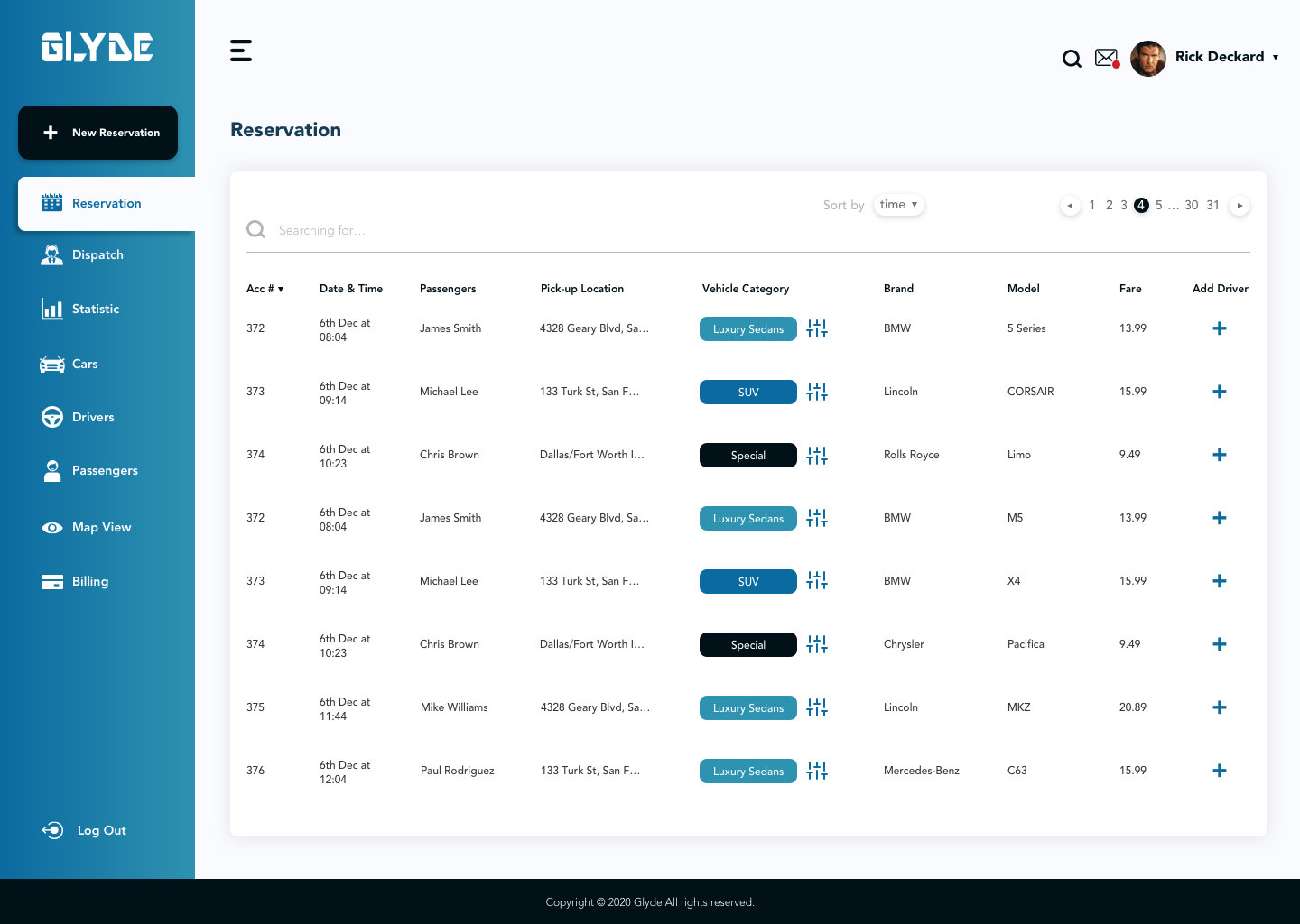 Glyde dispatch web app: reservations