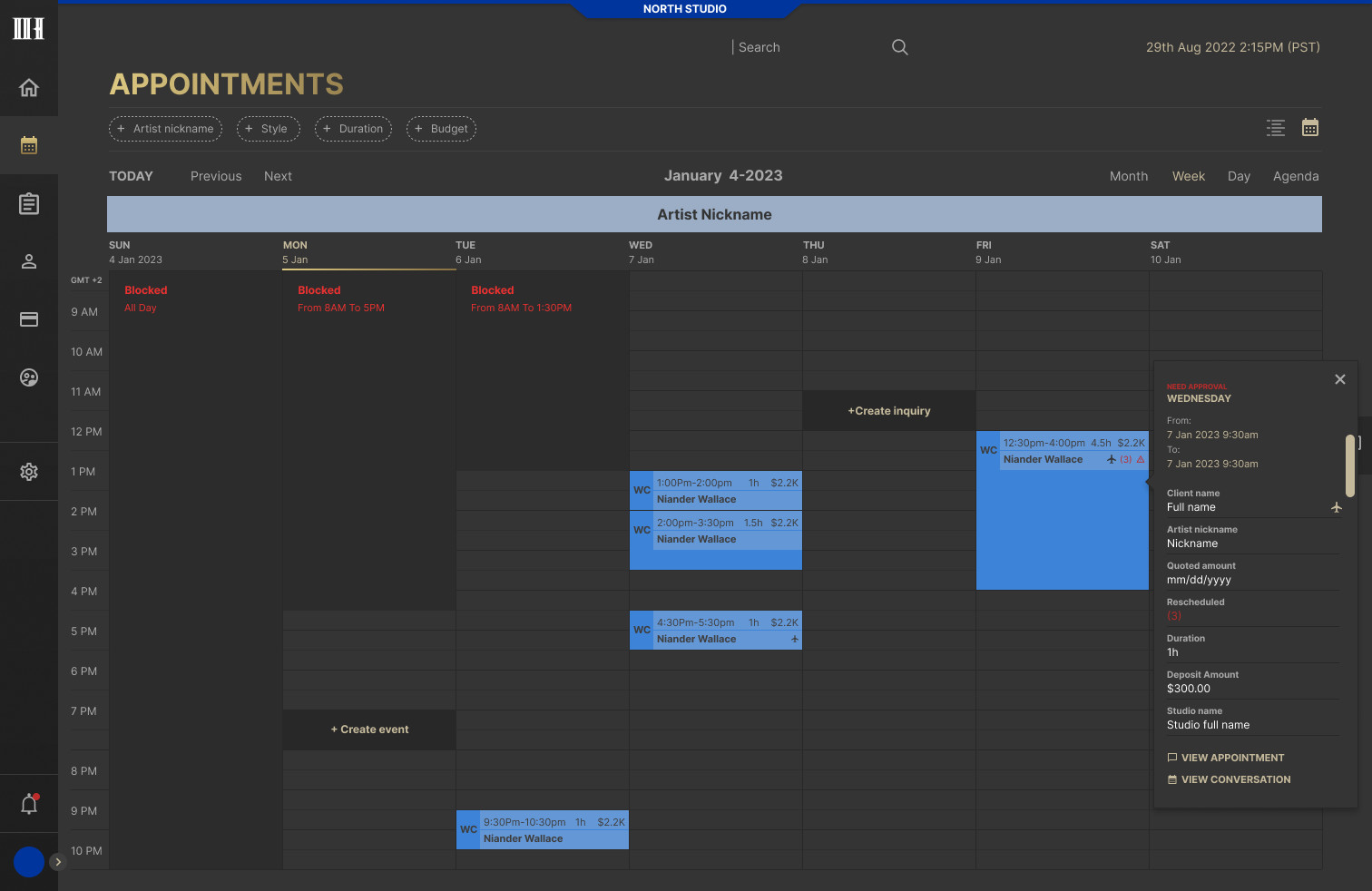 Calendar week view with an appointment panel open
