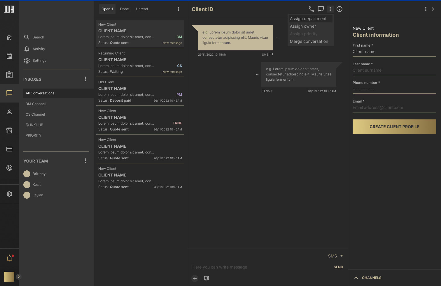 Ink Hub conversations inbox with client list, chat thread and client information panel