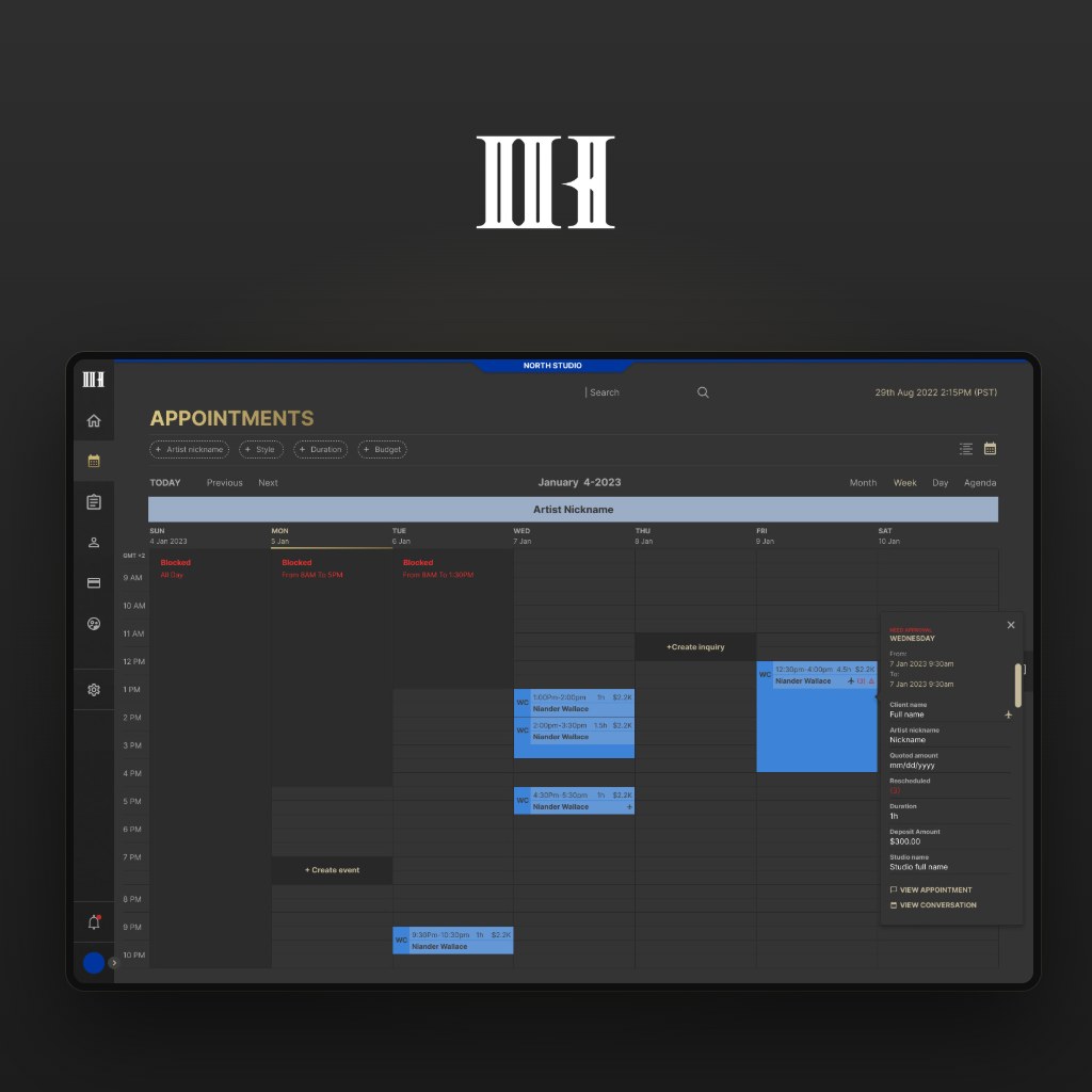Ink Hub calendar week view under the Ink Hub monogram