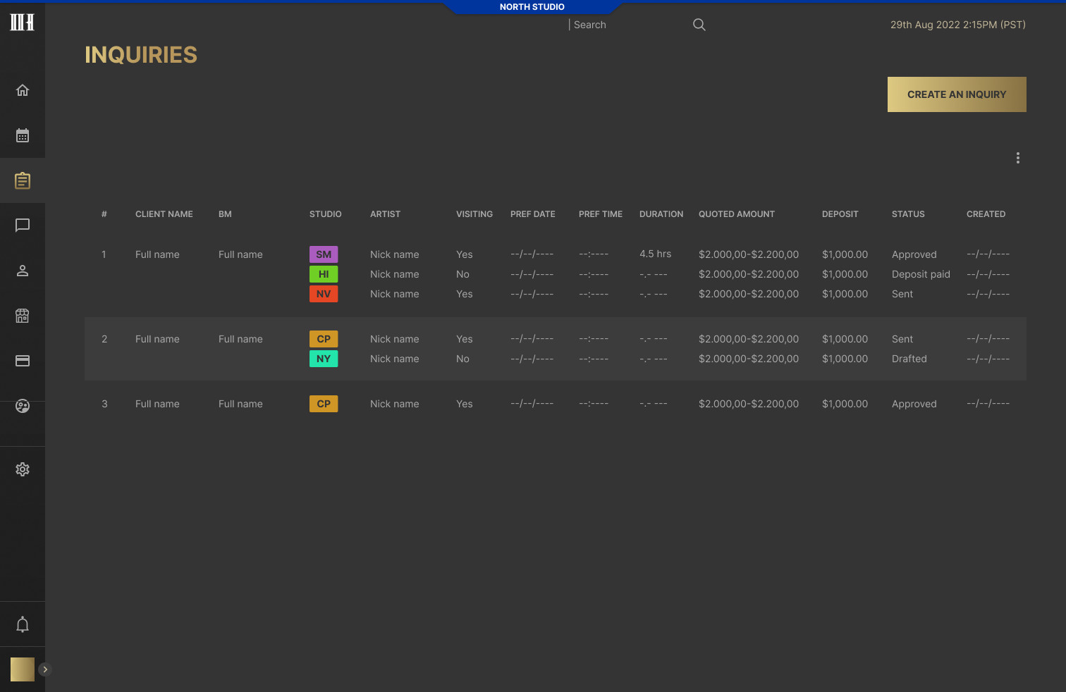 Inquiry list with locations, quotes, deposits and statuses