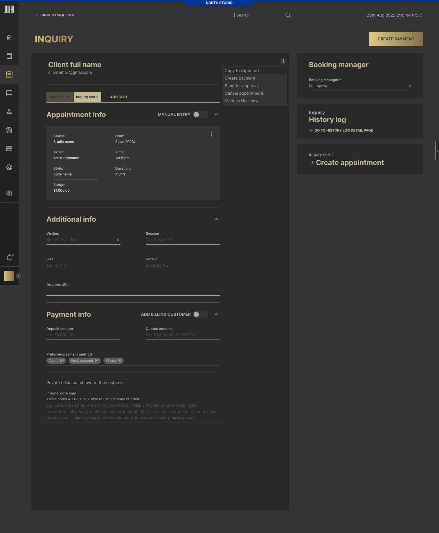 Inquiry page with appointment slots, booking manager and history log, full length