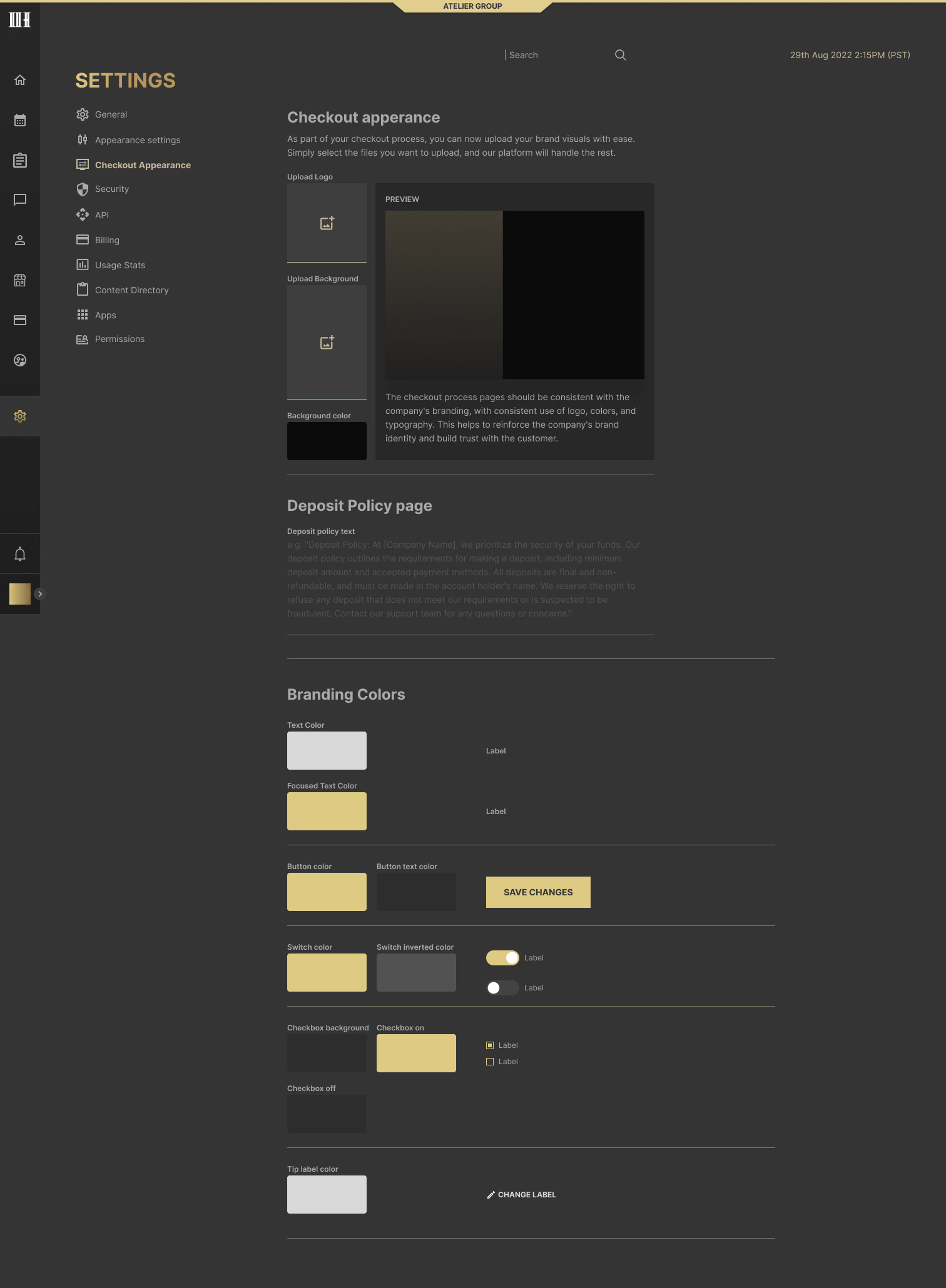 Checkout appearance settings with a live preview, full length