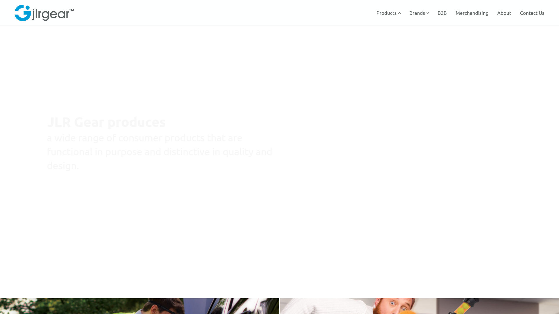 JLR Gear home page: the header with the product menu and the line JLR Gear produces a wide range of consumer products that are functional in purpose and distinctive in quality and design, over the site&rsquo;s own hero video