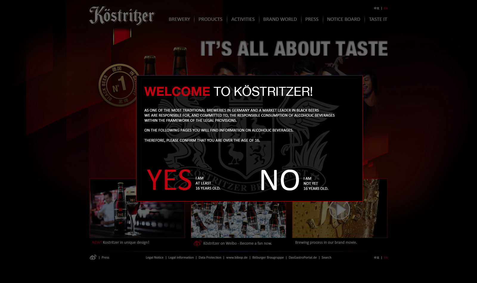 Age gate: Welcome to Köstritzer, with Yes and No