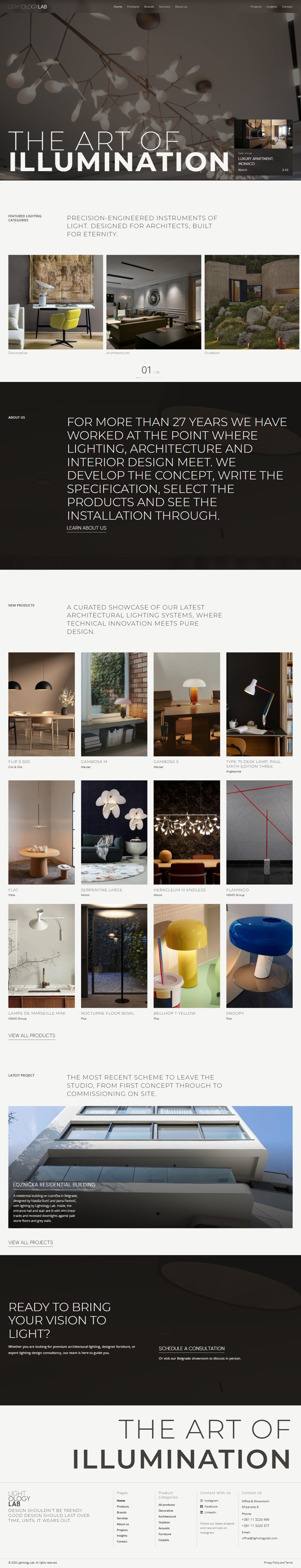 lightologylab.com home page, first third: the hero film and the featured categories