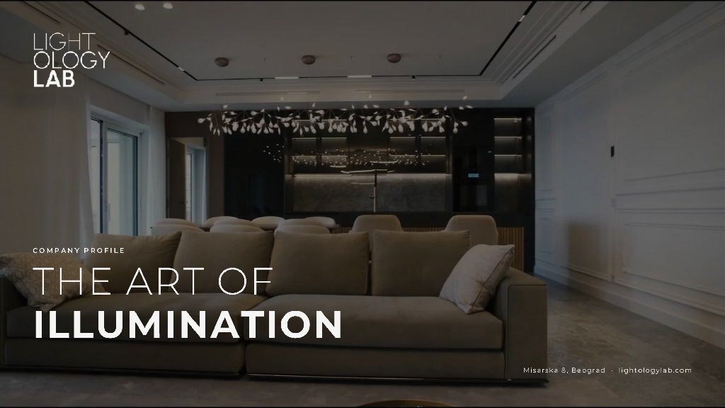 Company profile cover: The Art of Illumination over a dark living room