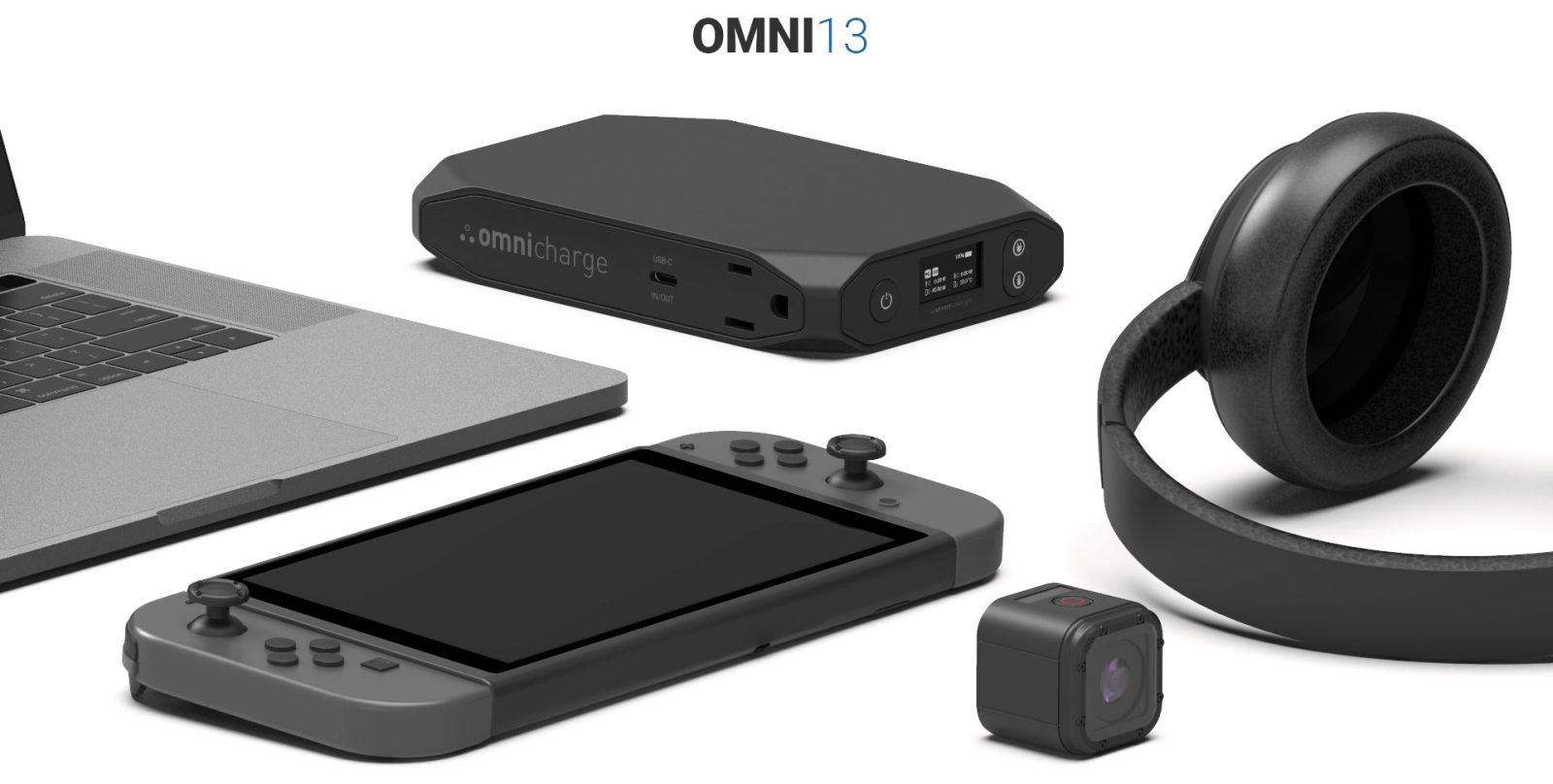 Omni 13 with a laptop, game console, headphones and action camera