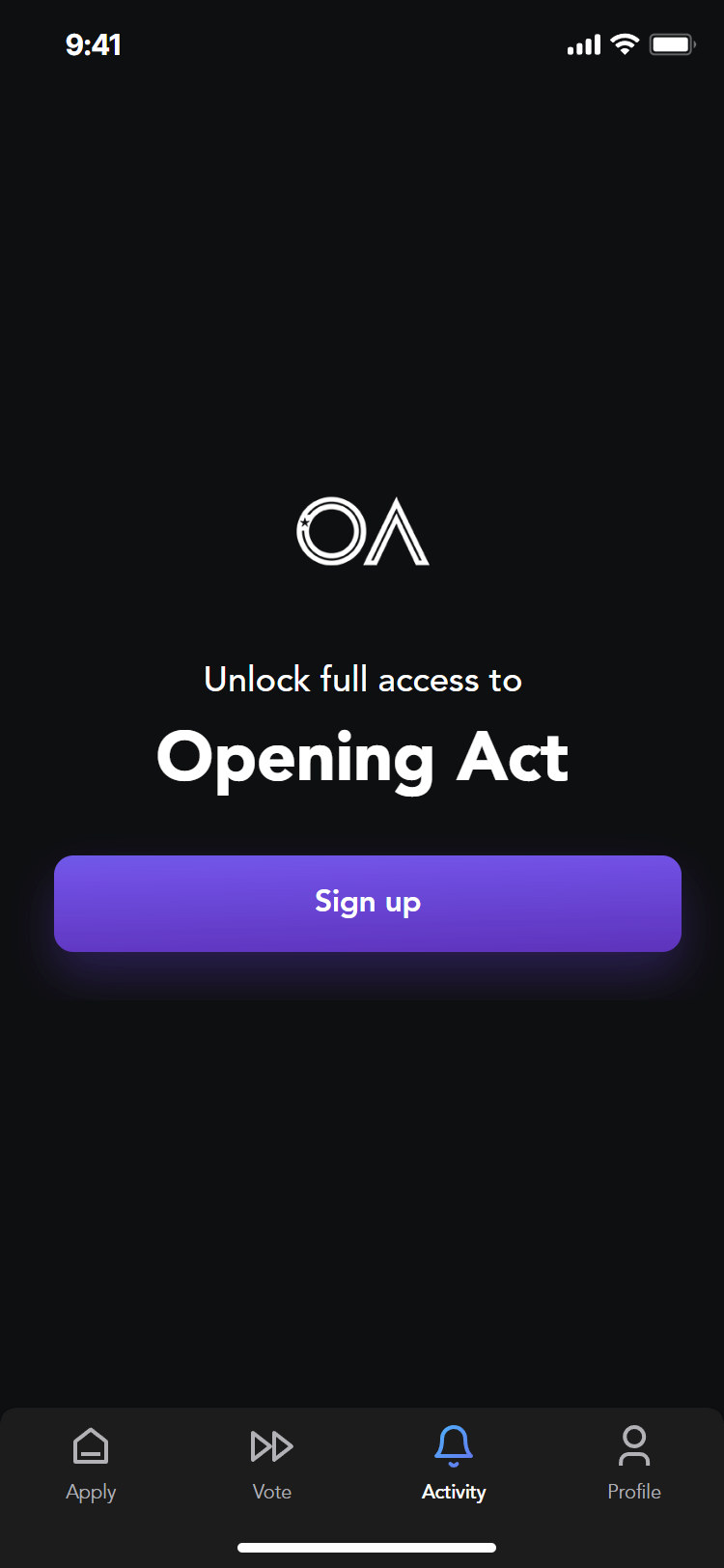 Opening Act app: signed out