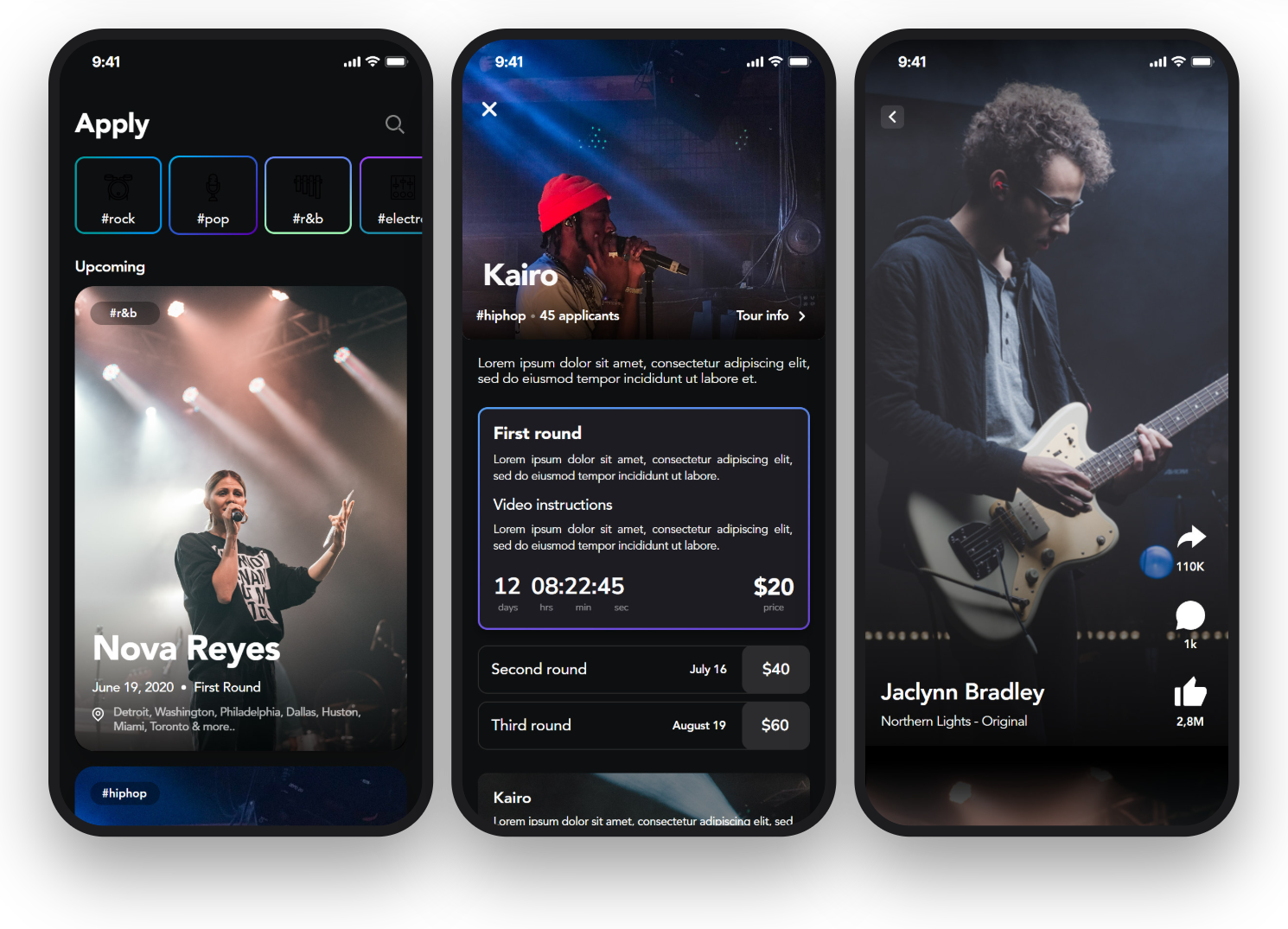 Opening Act app: home, a tour page and a performance video