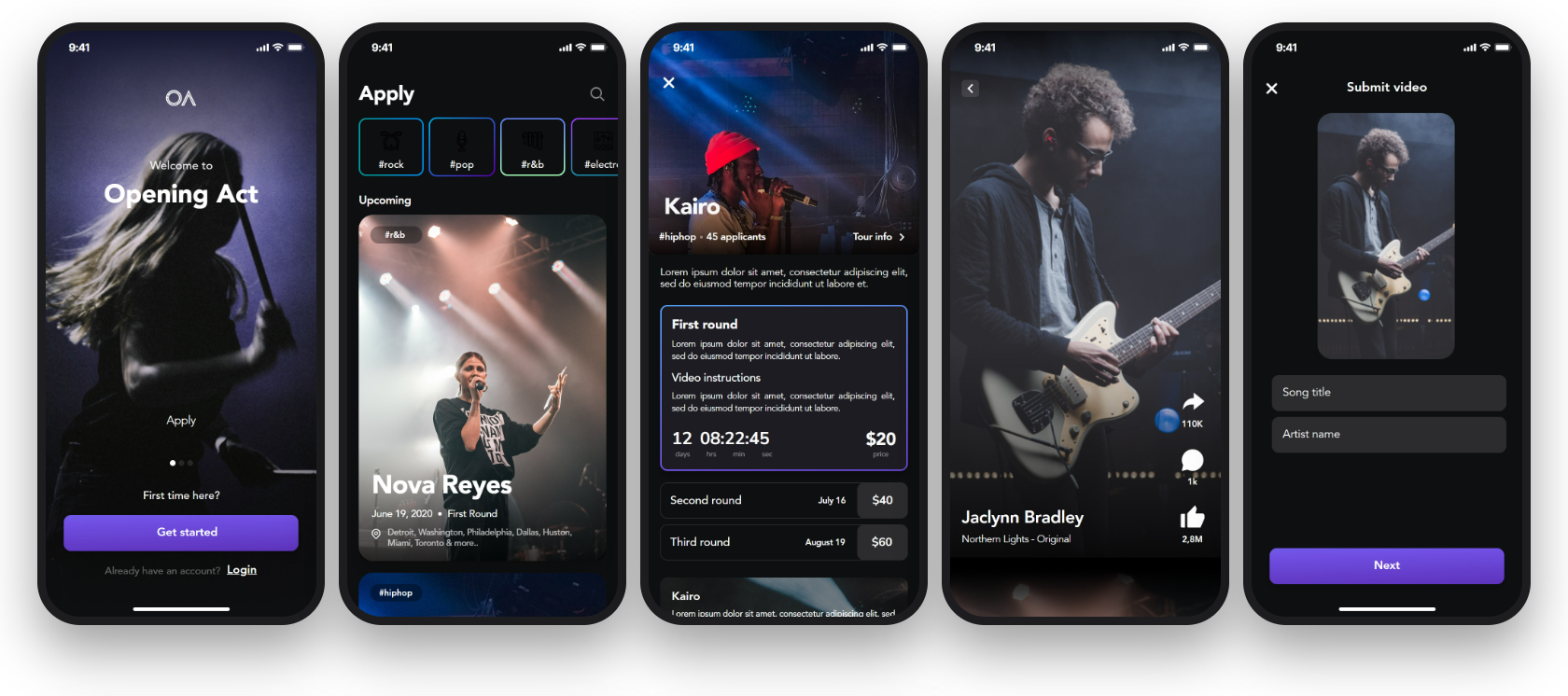 Opening Act app: welcome, home, a tour page, a performance video and Apple Pay