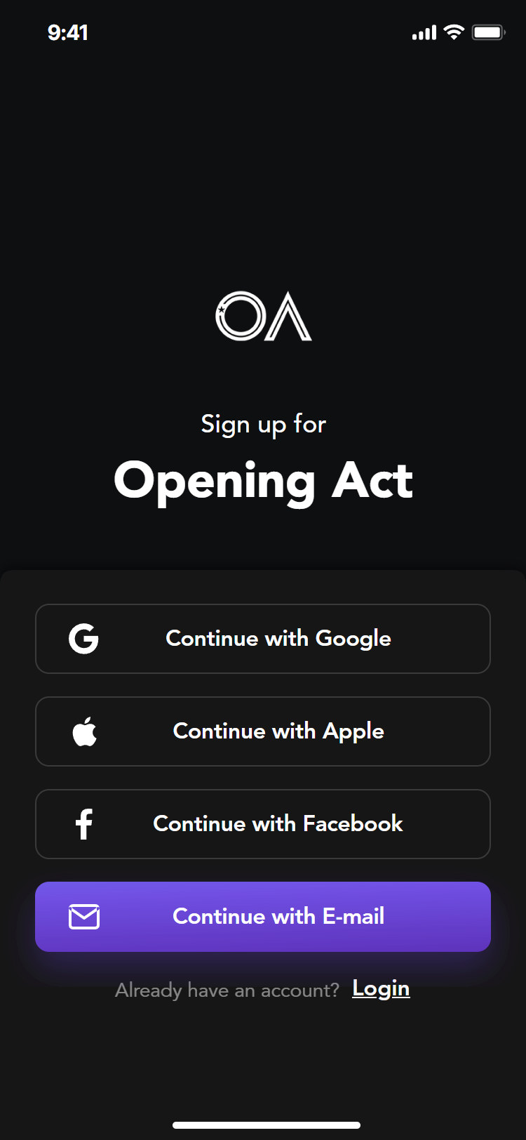 Opening Act app: sign up prompt