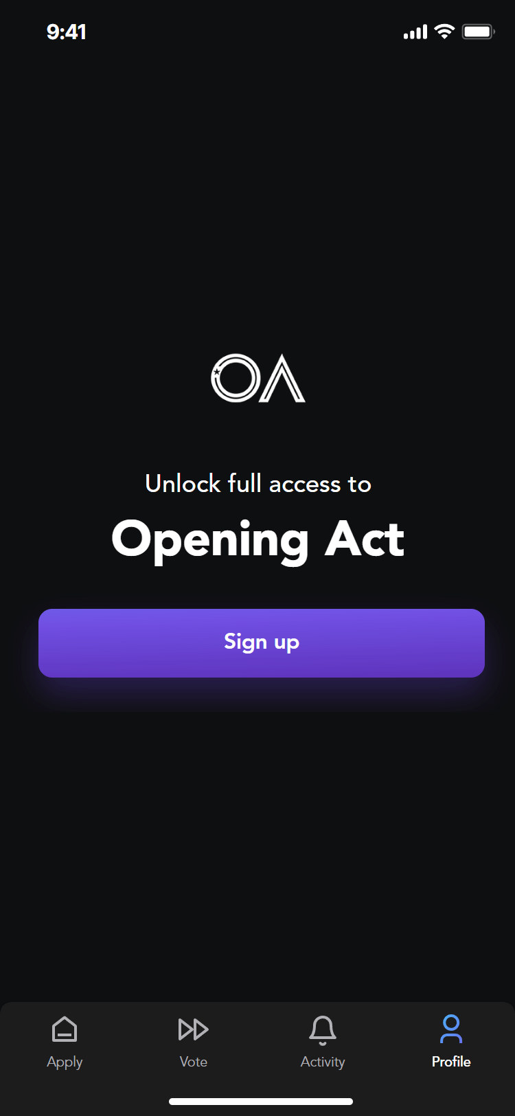 Opening Act app: signed out