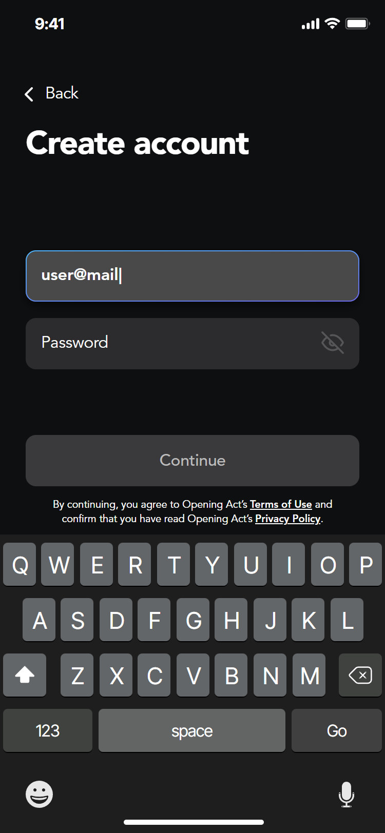 Opening Act app: typing