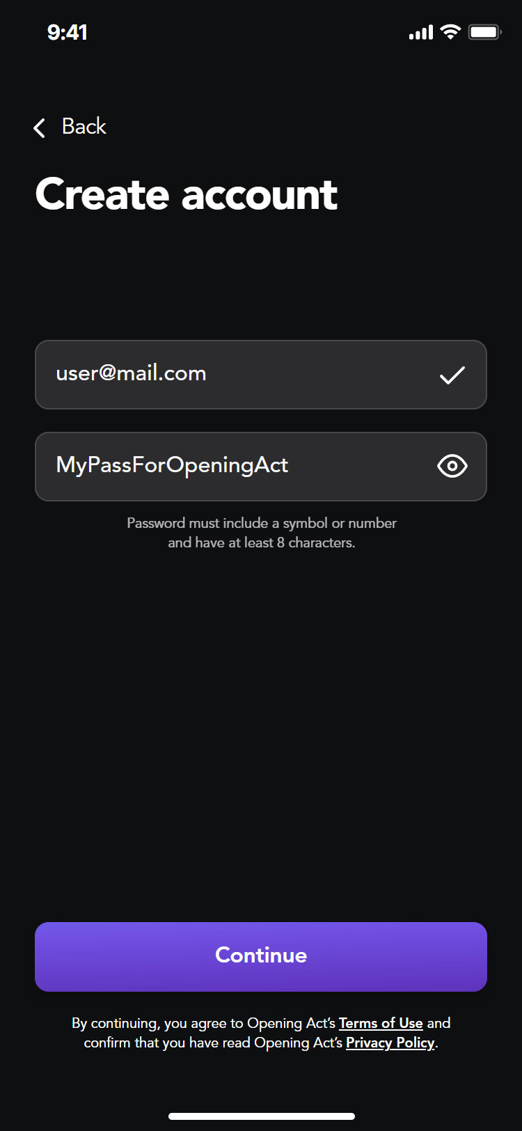 Opening Act app: password